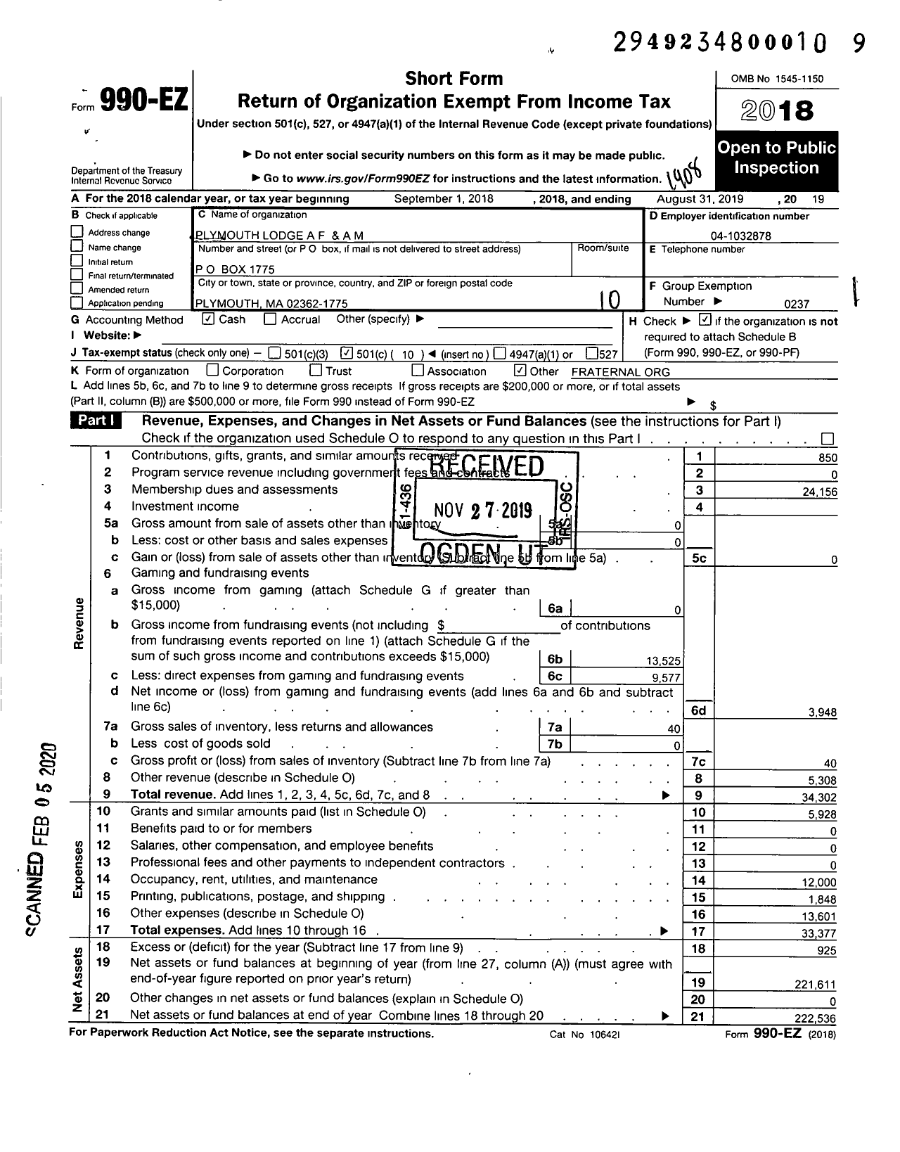 Image of first page of 2018 Form 990EO for Massachusetts Freemasons - Plymouth Lodge