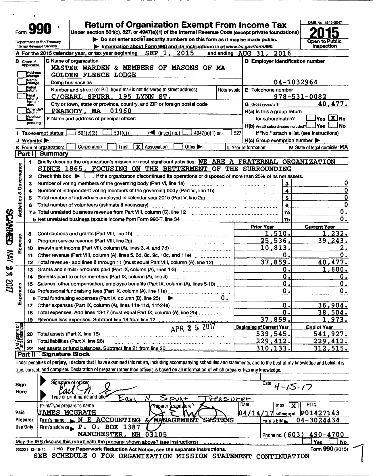 Image of first page of 2015 Form 990O for Massachusetts Freemasons - Golden Fleece Lodge