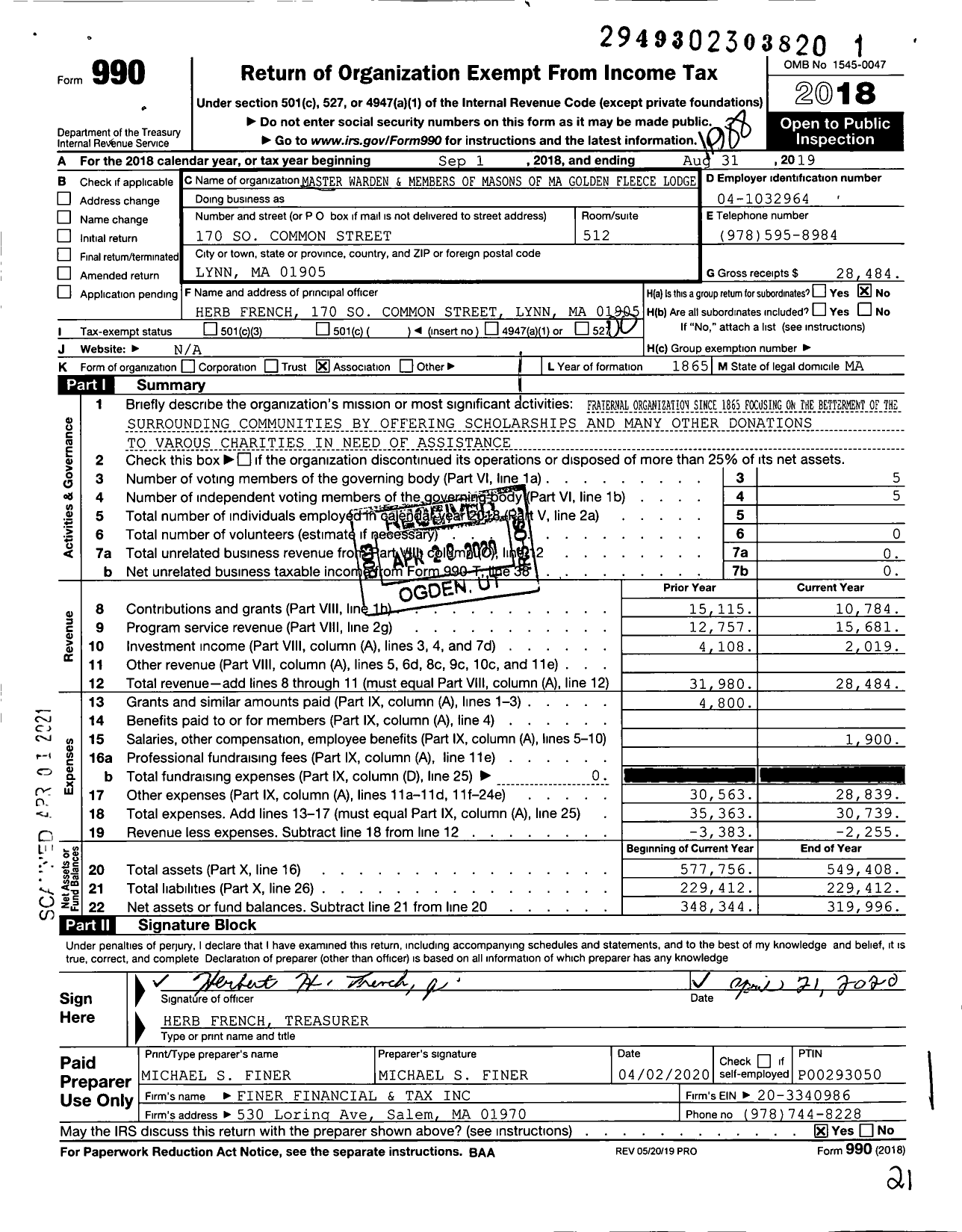 Image of first page of 2018 Form 990O for Massachusetts Freemasons - Golden Fleece Lodge