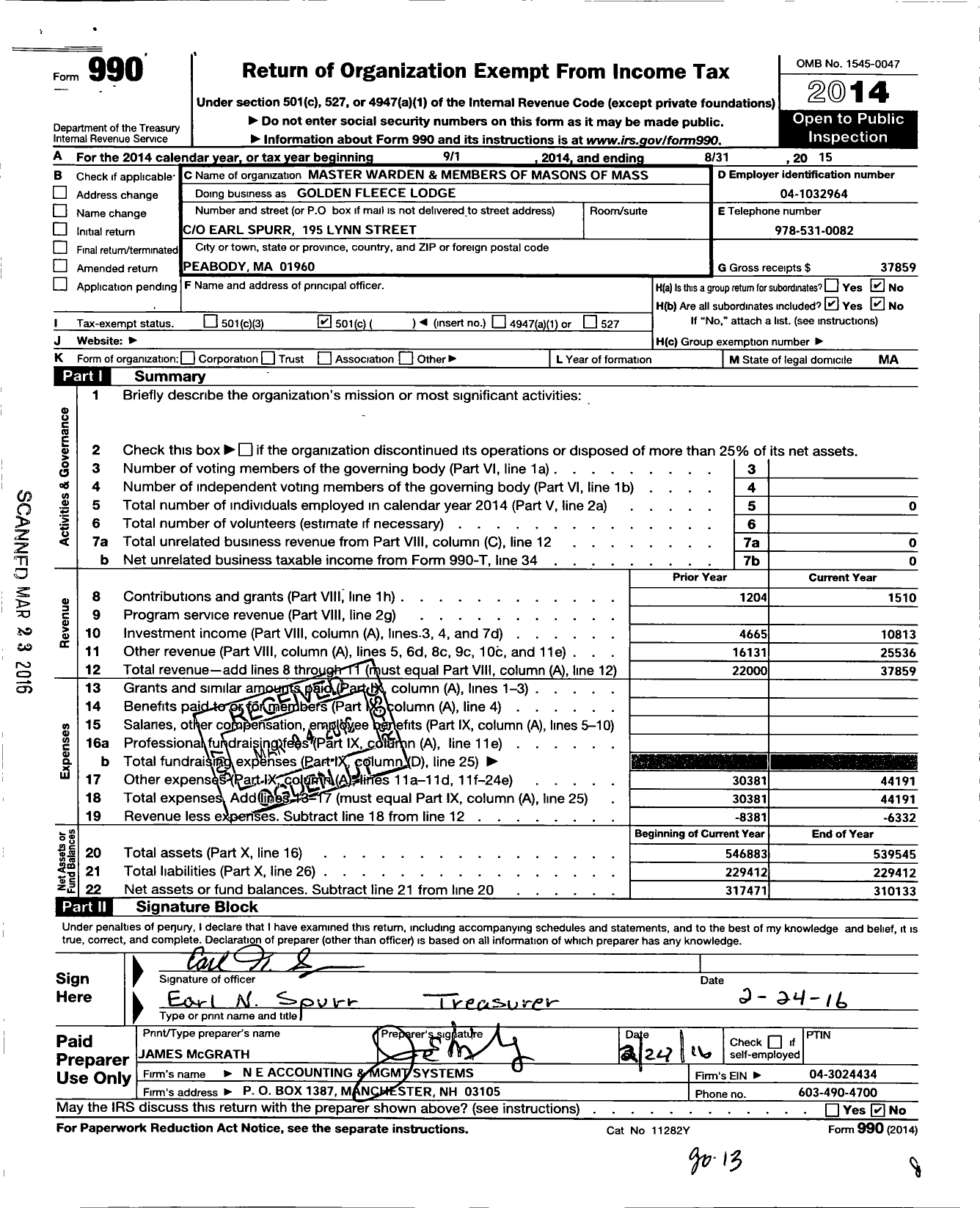 Image of first page of 2014 Form 990O for Massachusetts Freemasons - Golden Fleece Lodge