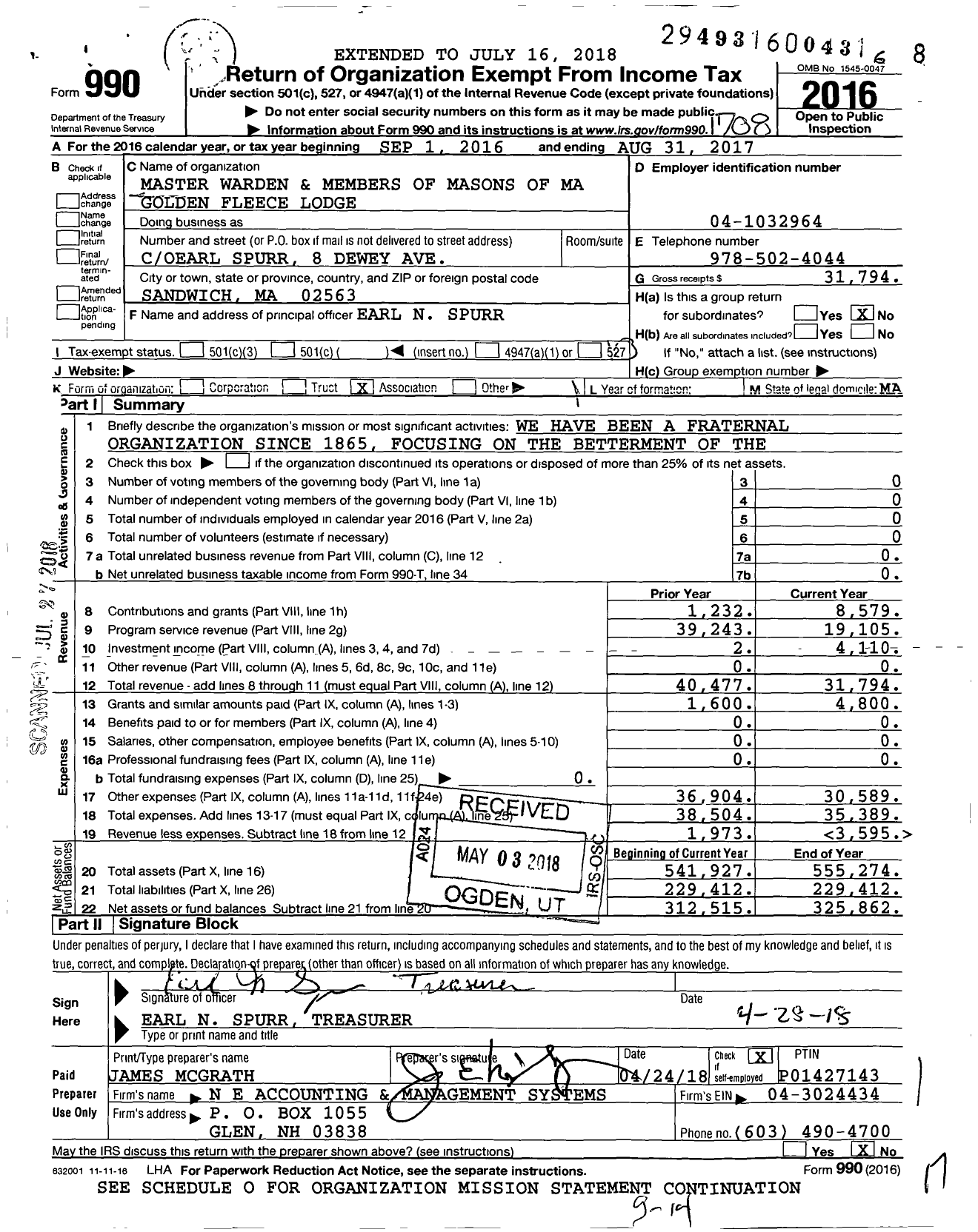 Image of first page of 2016 Form 990O for Massachusetts Freemasons - Golden Fleece Lodge