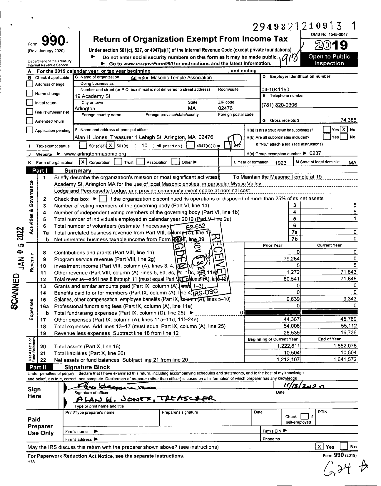 Image of first page of 2019 Form 990O for Massachusetts Freemasons - Arlington Masonic Temple Assoc