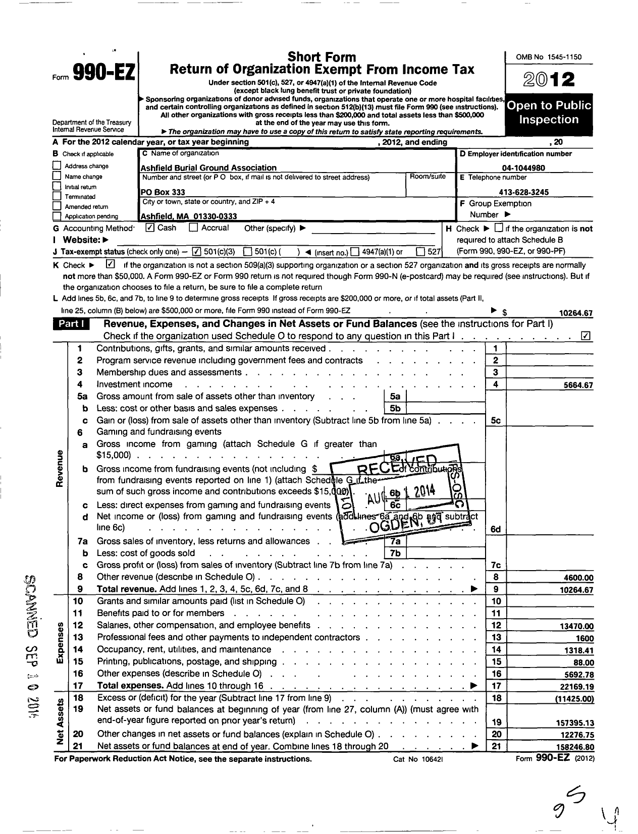 Image of first page of 2012 Form 990EZ for Ashfield Burial Ground Association