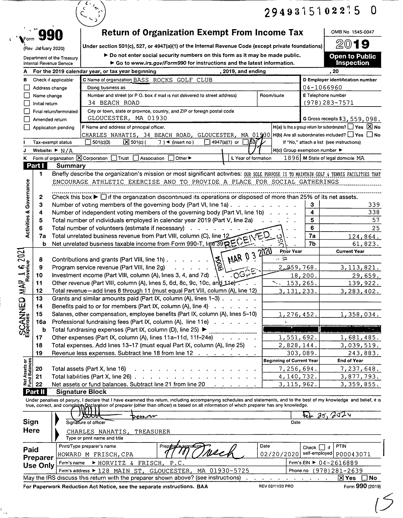 Image of first page of 2019 Form 990O for Bass Rocks Golf Club