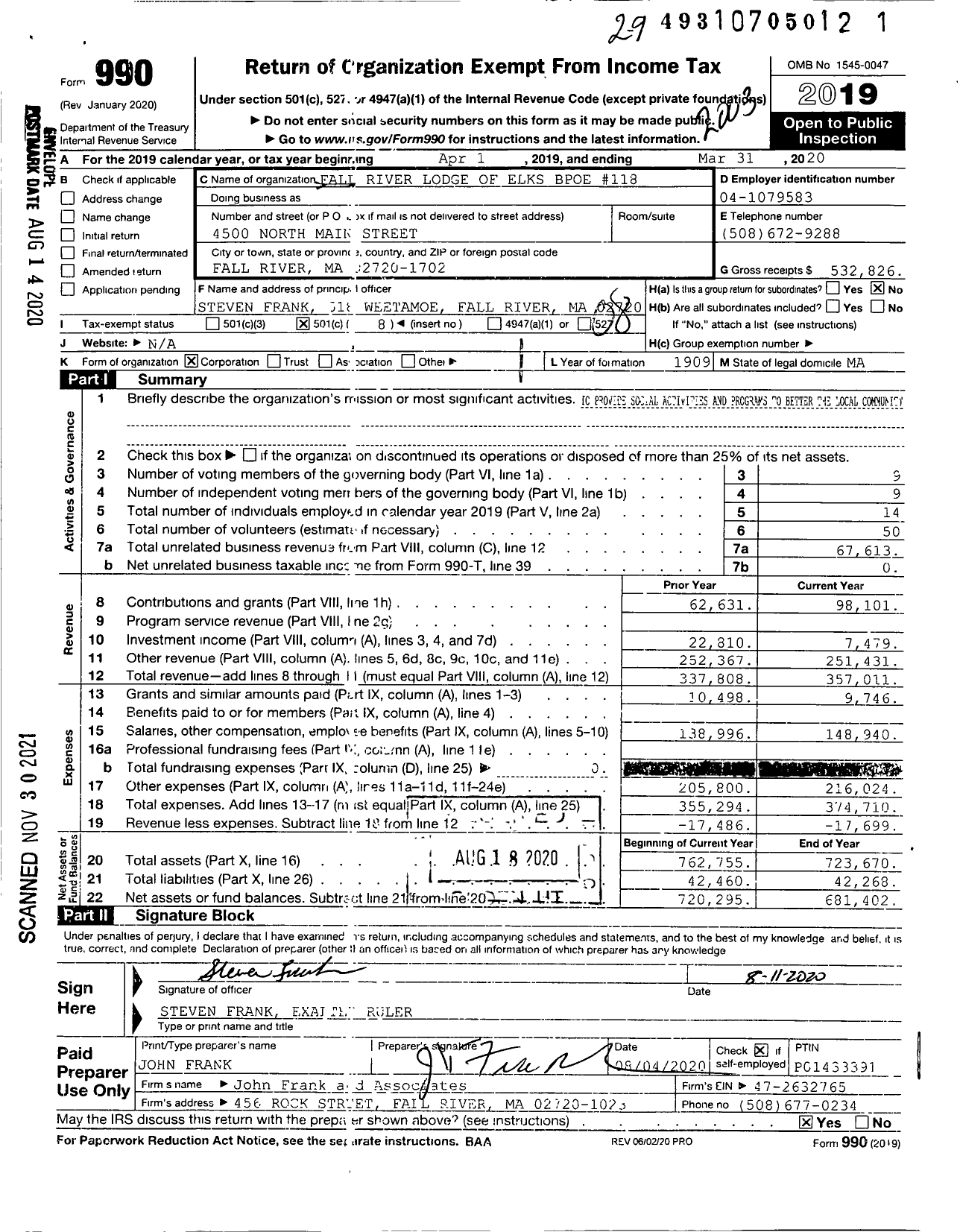 Image of first page of 2019 Form 990O for Benevolent and Protective Order of Elks - 118 Fall River