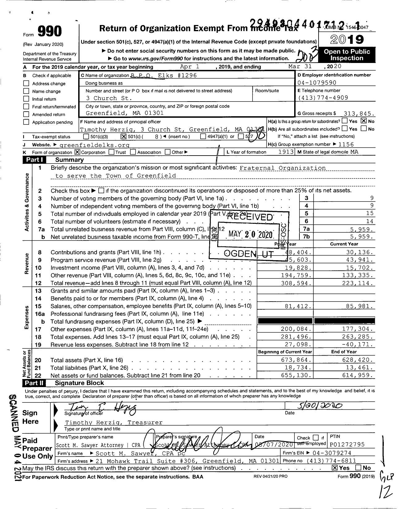 Image of first page of 2019 Form 990O for Benevolent and Protective Order of Elks - 1296 Greenfield