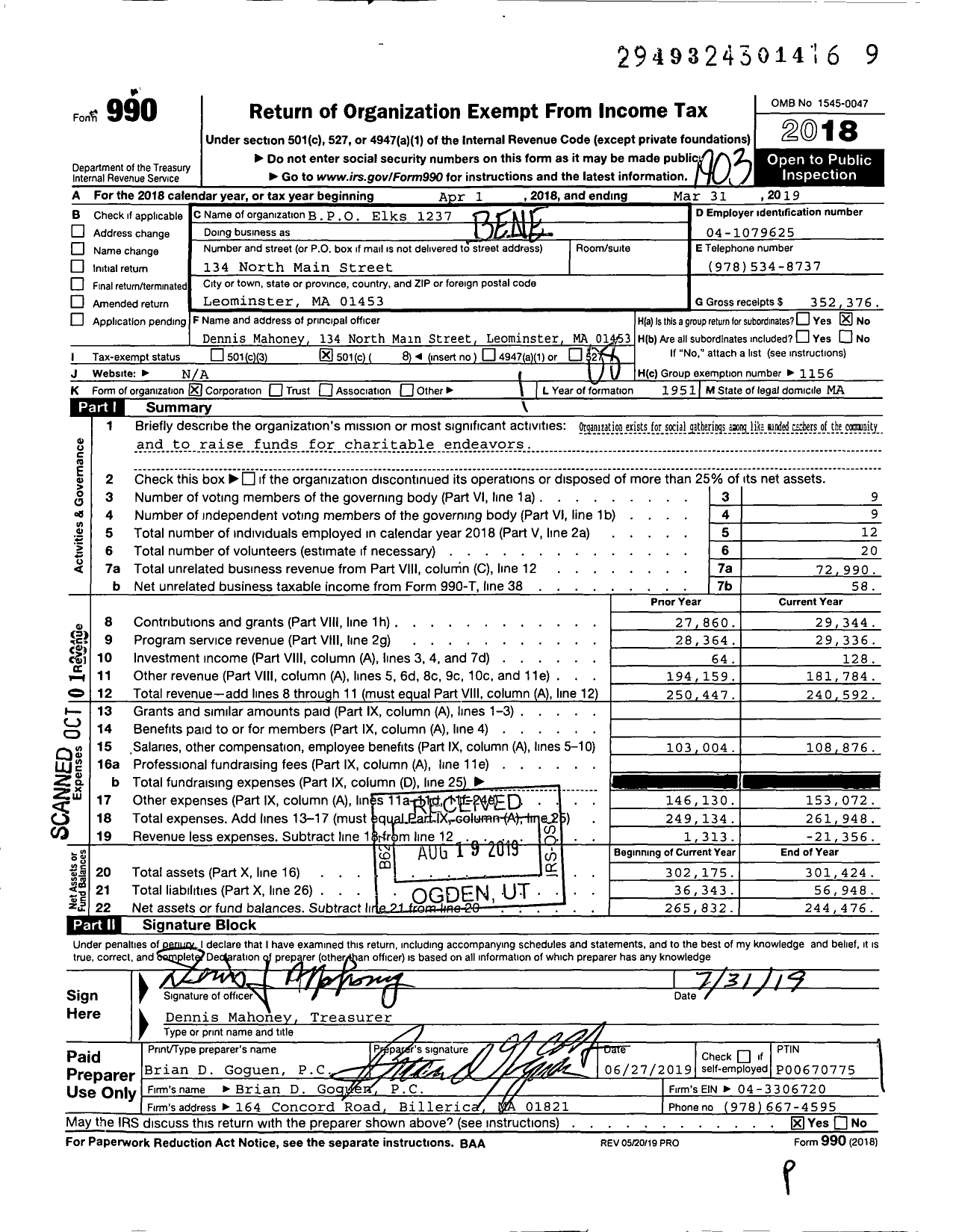 Image of first page of 2018 Form 990O for Benevolent and Protective Order of Elks - 1237 Leominster-Fitchburg