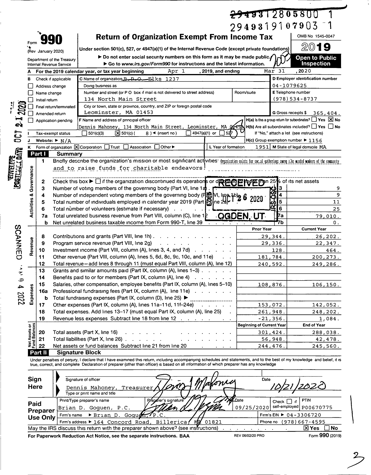 Image of first page of 2019 Form 990O for Benevolent and Protective Order of Elks - 1237 Leominster-Fitchburg