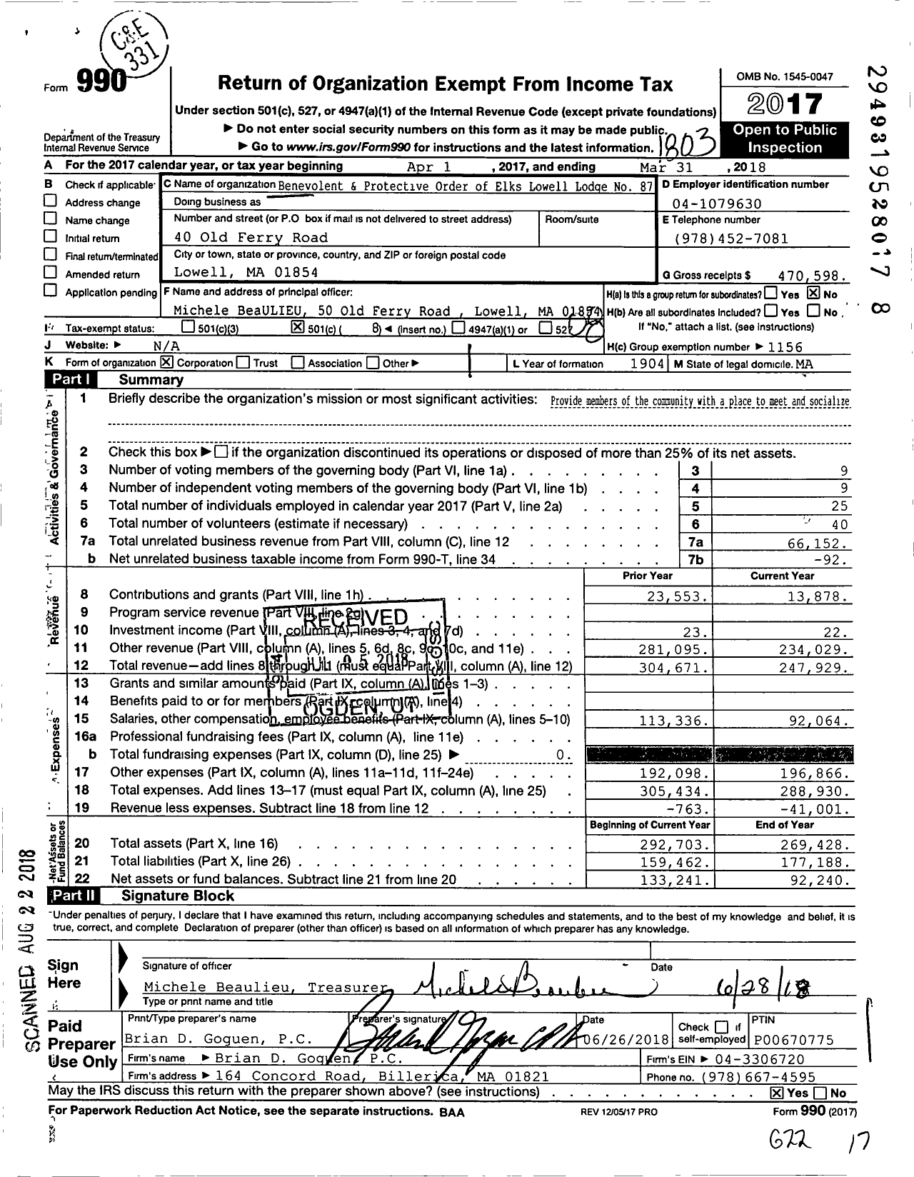 Image of first page of 2017 Form 990O for Benevolent and Protective Order of Elks Lowell Lodge No 87