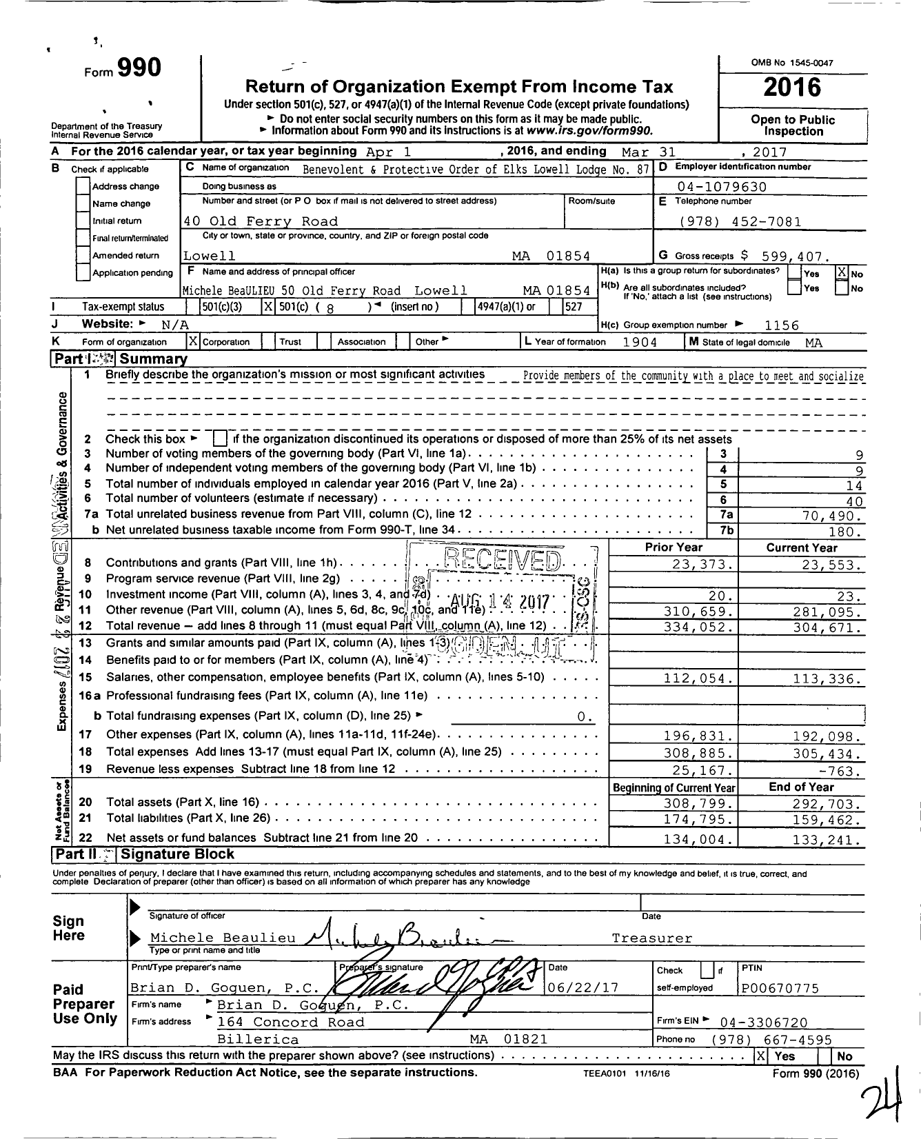 Image of first page of 2016 Form 990O for Benevolent and Protective Order of Elks Lowell Lodge No 87