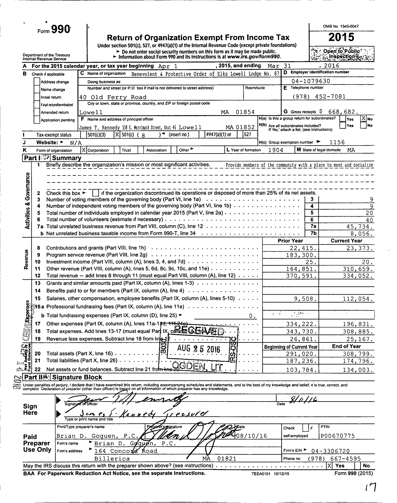 Image of first page of 2015 Form 990O for Benevolent and Protective Order of Elks Lowell Lodge No 87