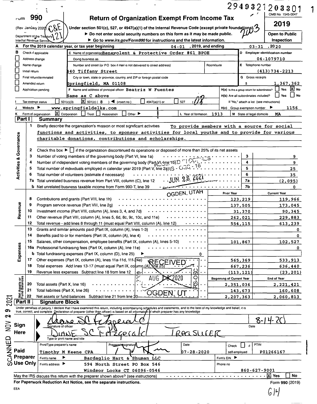 Image of first page of 2019 Form 990O for Benevolent and Protective Order of Elks - 61 Springfield