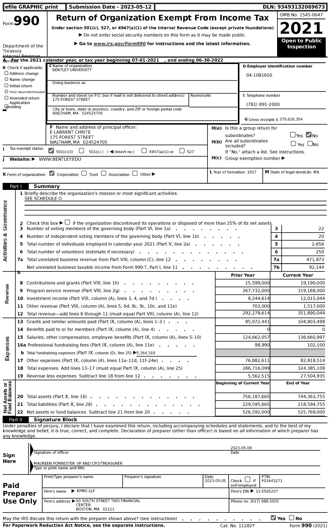 Image of first page of 2021 Form 990 for Bentley University