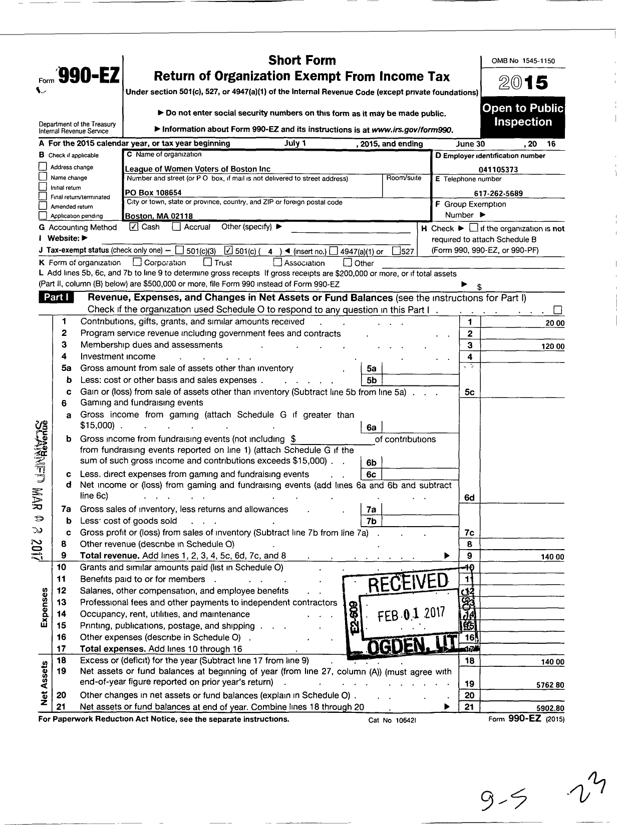 Image of first page of 2015 Form 990EO for League of Women Voters of Massachusetts / Boston