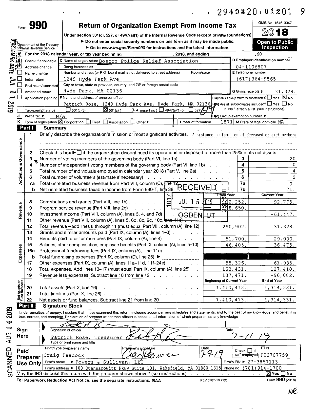 Image of first page of 2018 Form 990O for Boston Police Relief Association