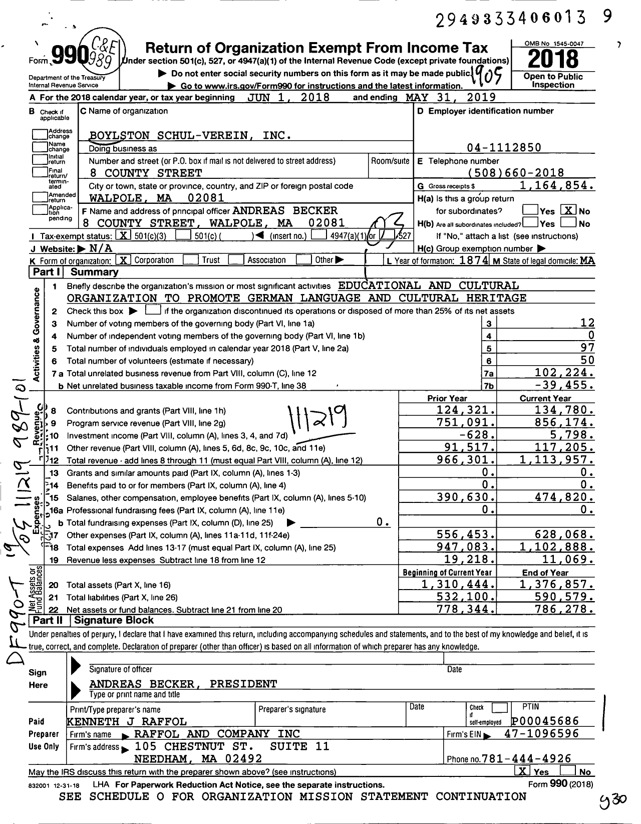 Image of first page of 2018 Form 990 for Boylston Schul-Verein