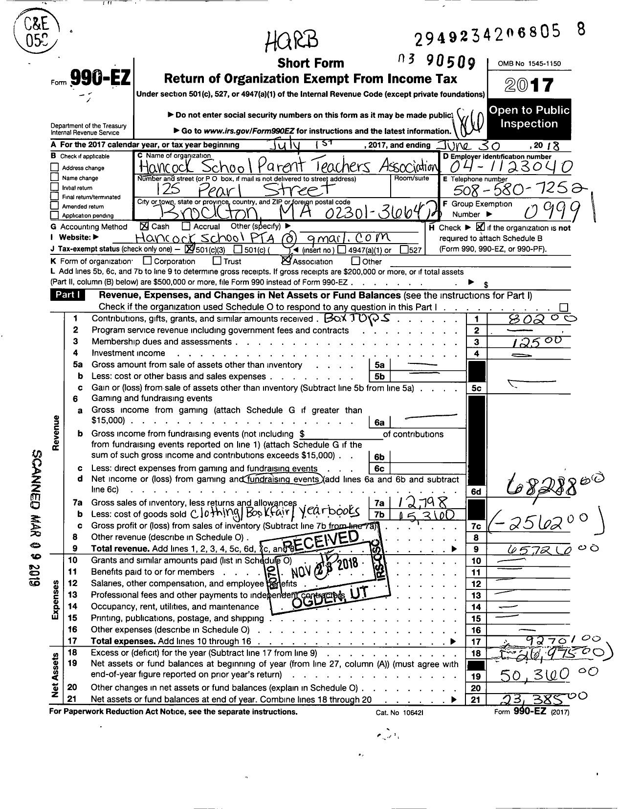 Image of first page of 2017 Form 990EZ for HarborOne Credit Union