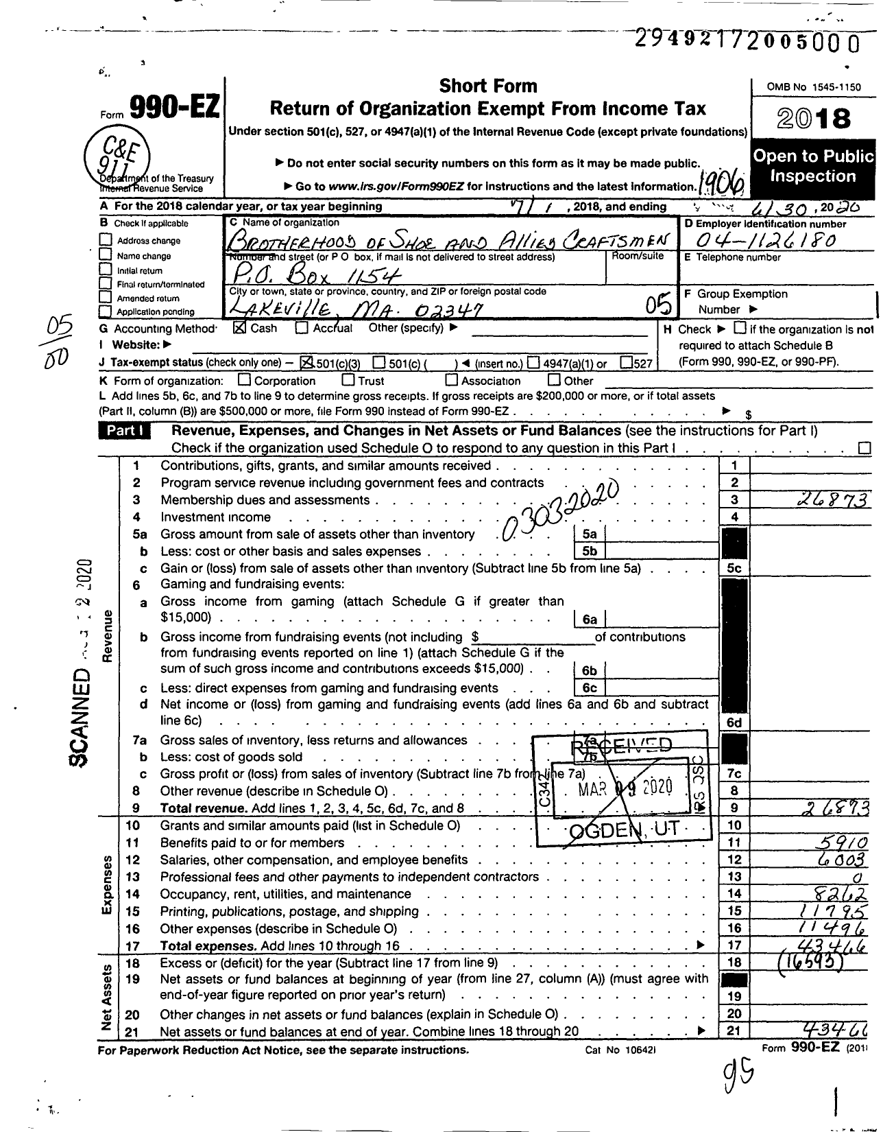 Image of first page of 2018 Form 990EO for Brotherhood of Shoe & Allied Craftsmen