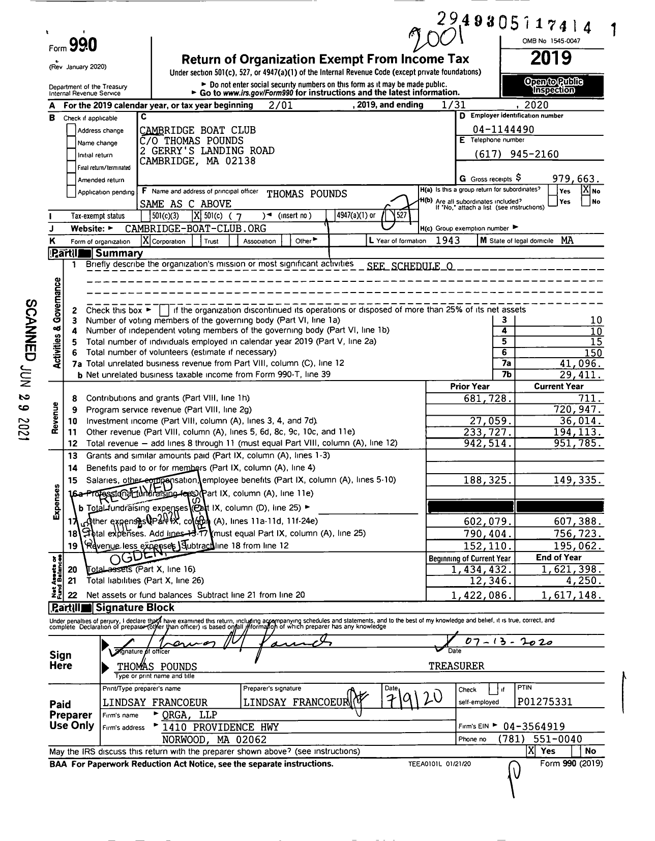 Image of first page of 2019 Form 990O for Cambridge Boat Club