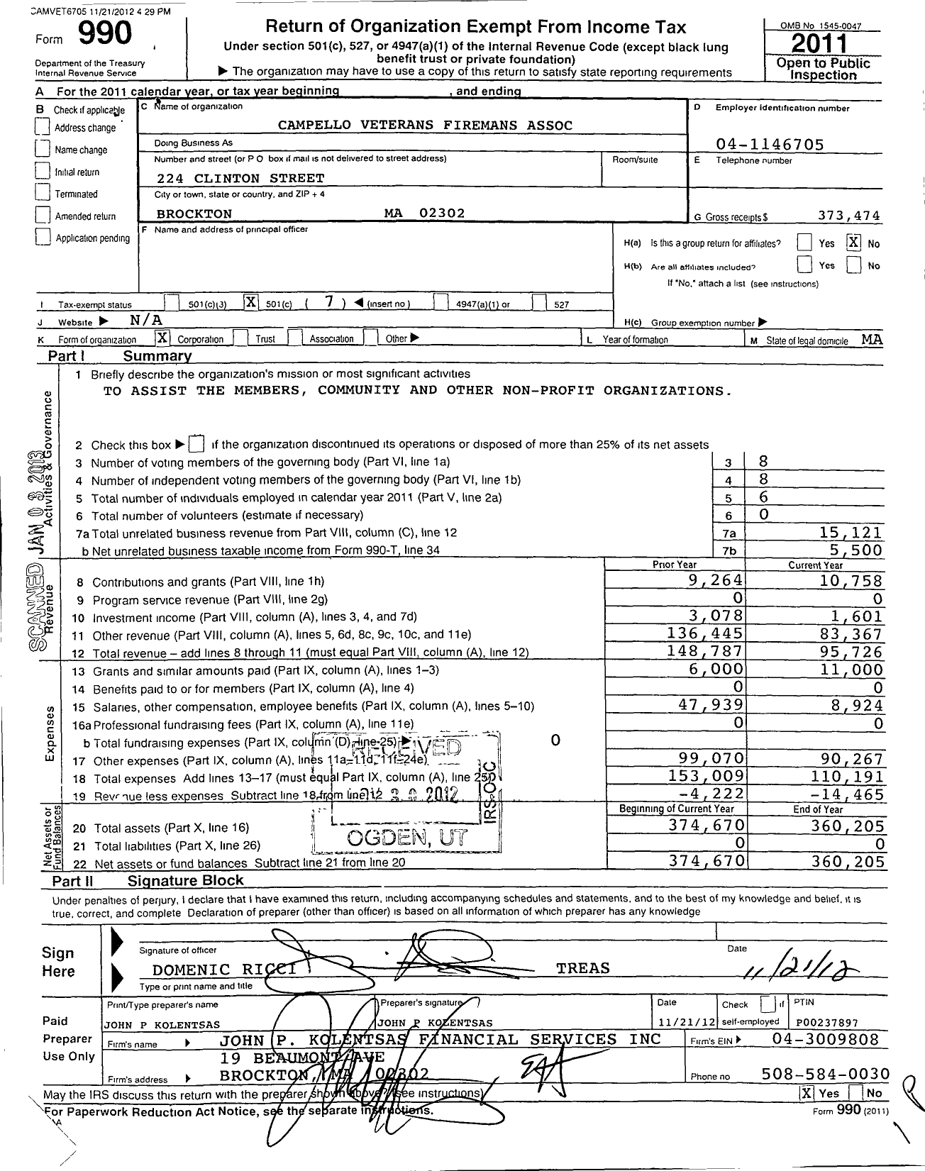 Image of first page of 2011 Form 990O for Campello Veterans Firemans Association