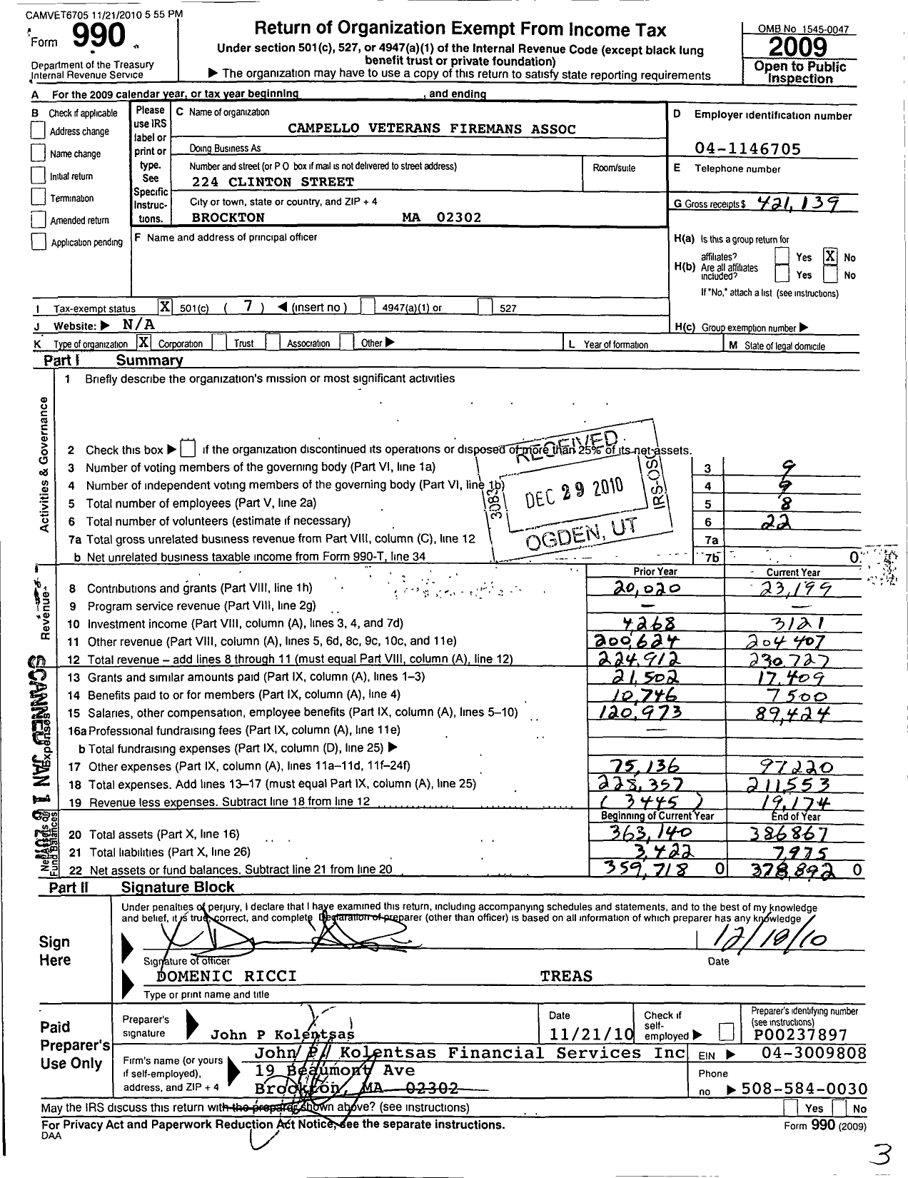 Image of first page of 2009 Form 990O for Campello Veterans Firemans Association