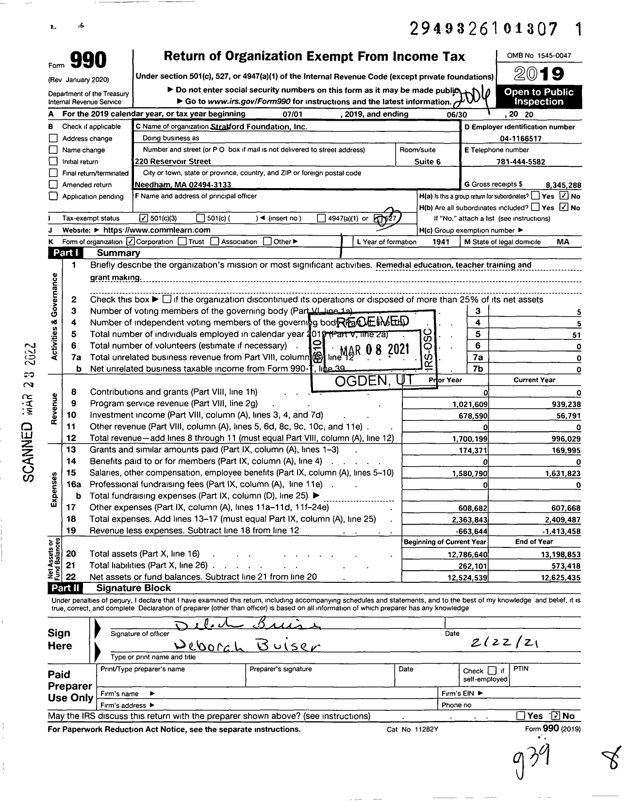 Image of first page of 2019 Form 990 for Stratford Foundation