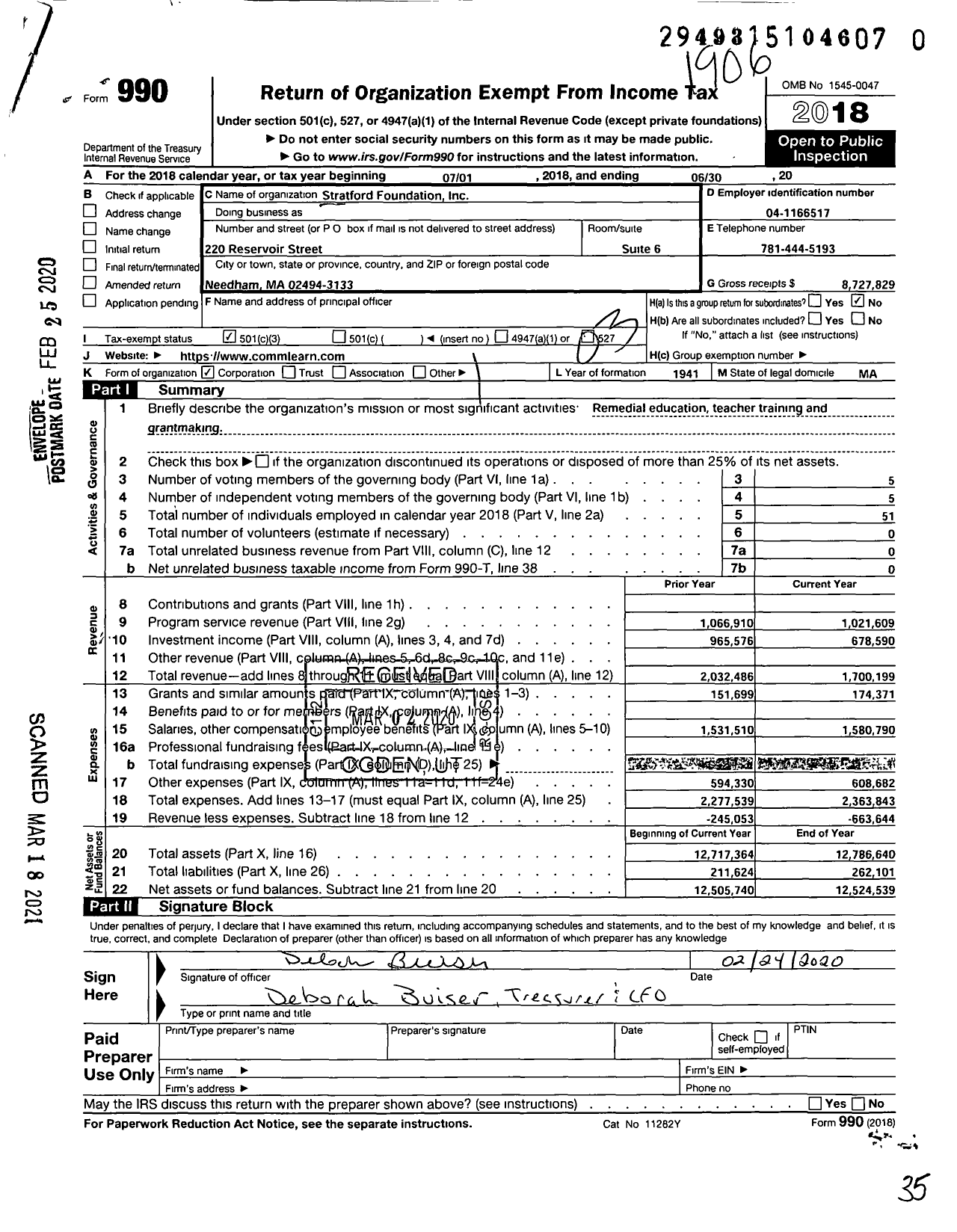 Image of first page of 2018 Form 990 for Stratford Foundation