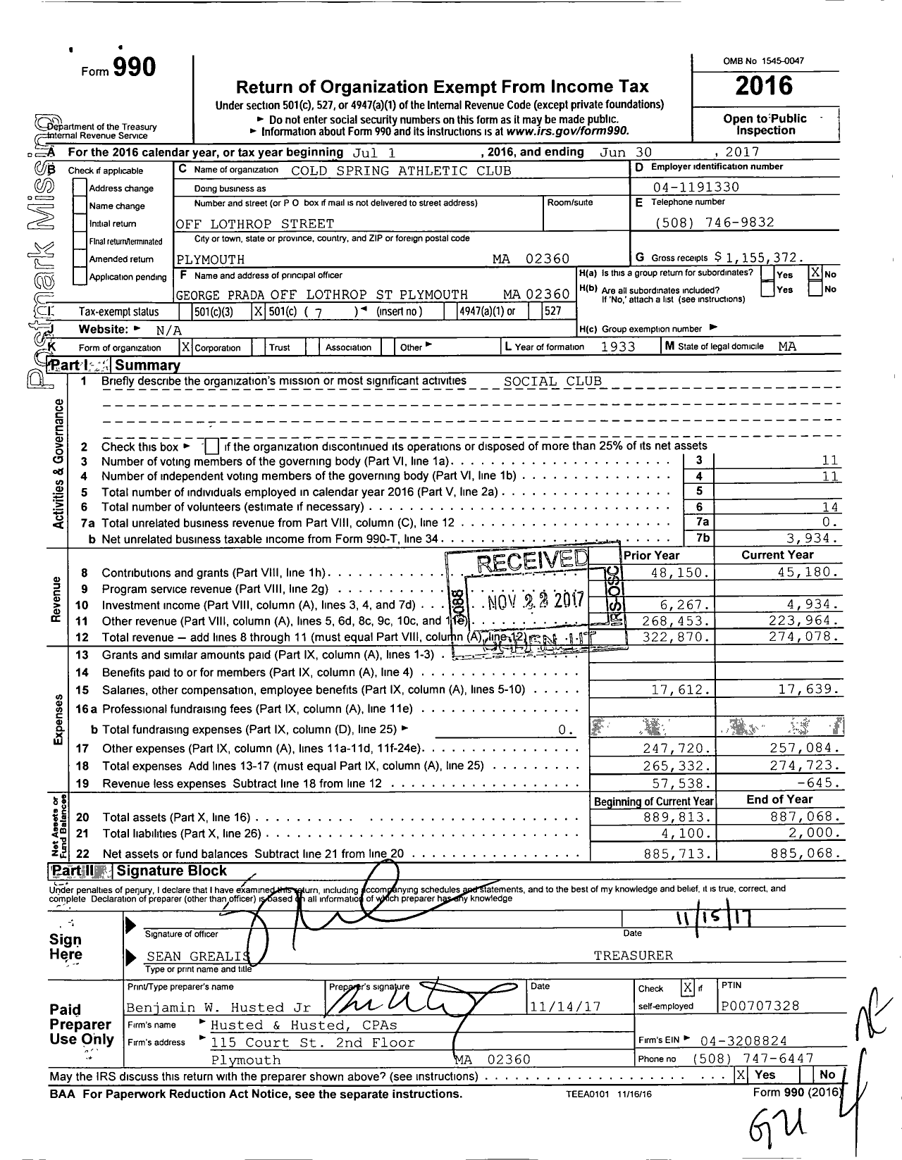 Image of first page of 2016 Form 990O for Cold Spring Athletic Club