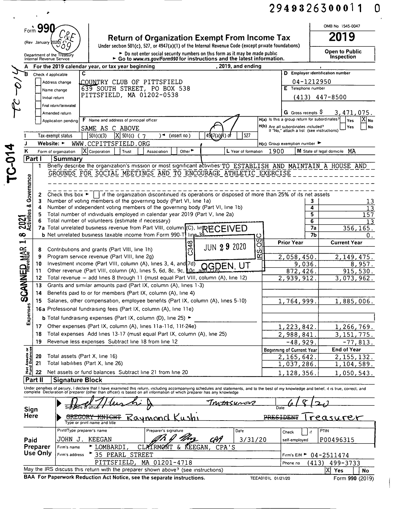 Image of first page of 2019 Form 990O for Country Club of Pittsfield