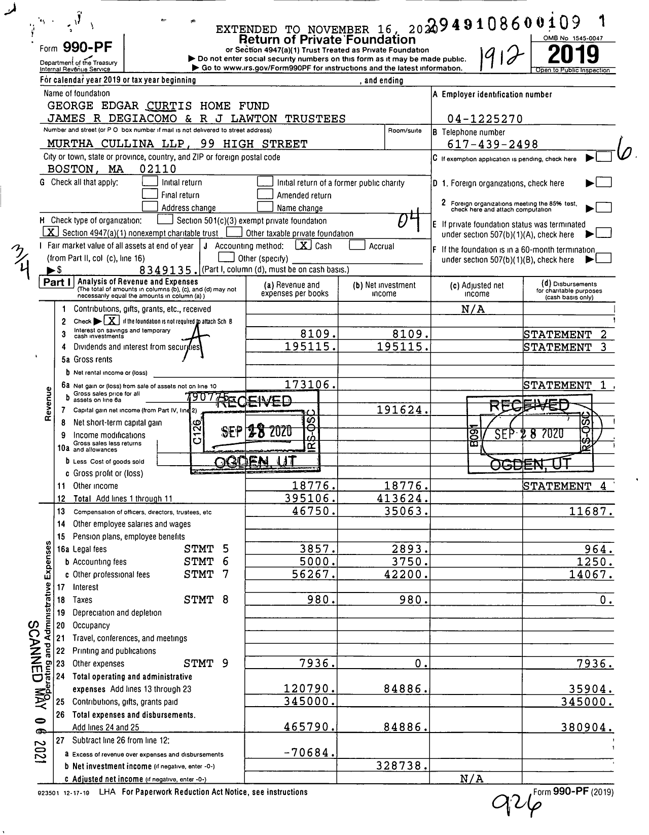 Image of first page of 2019 Form 990PF for George Edgar Curtis Home Fund Richard J Lawton Esq Co-Trustee