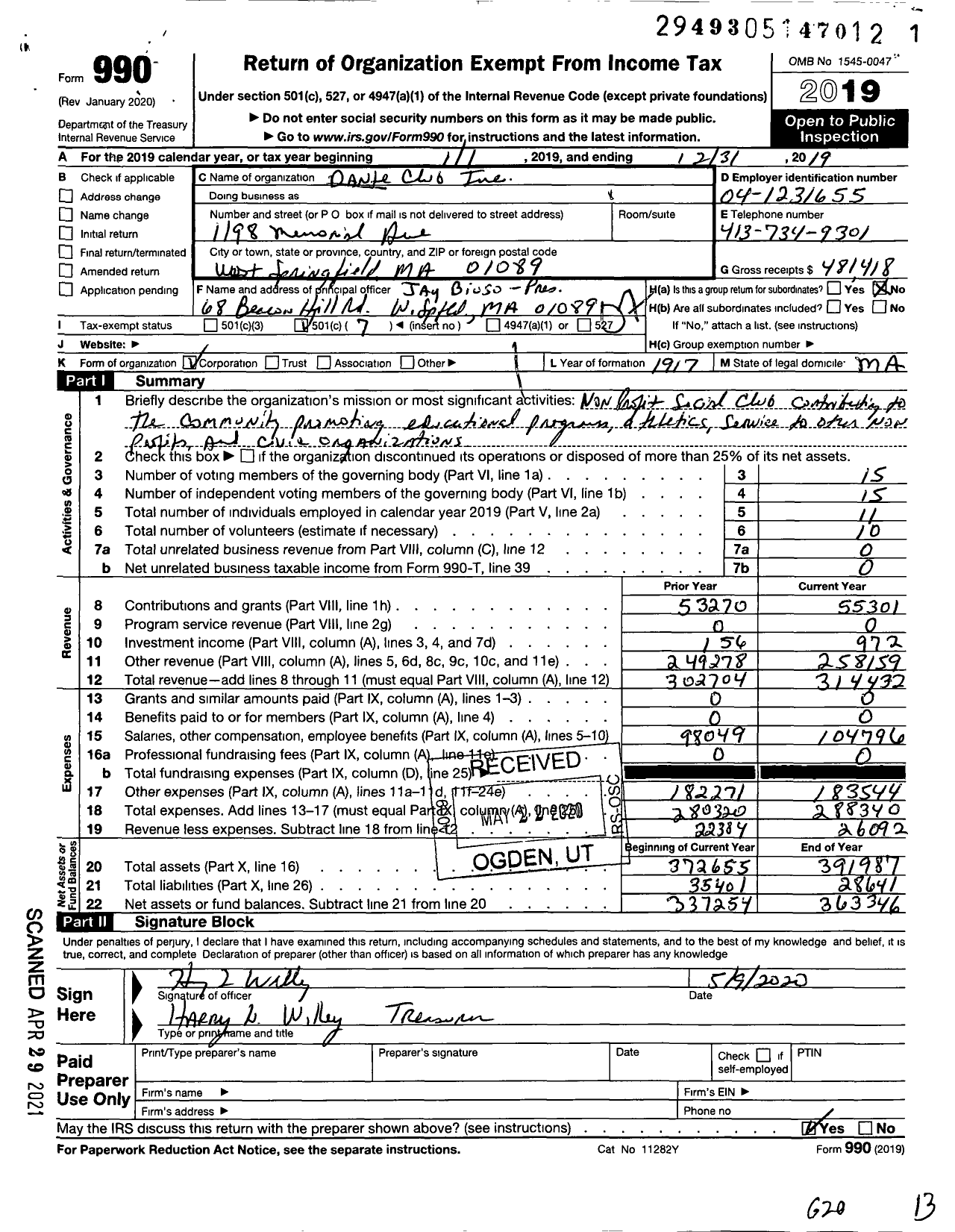 Image of first page of 2019 Form 990O for Dante Club