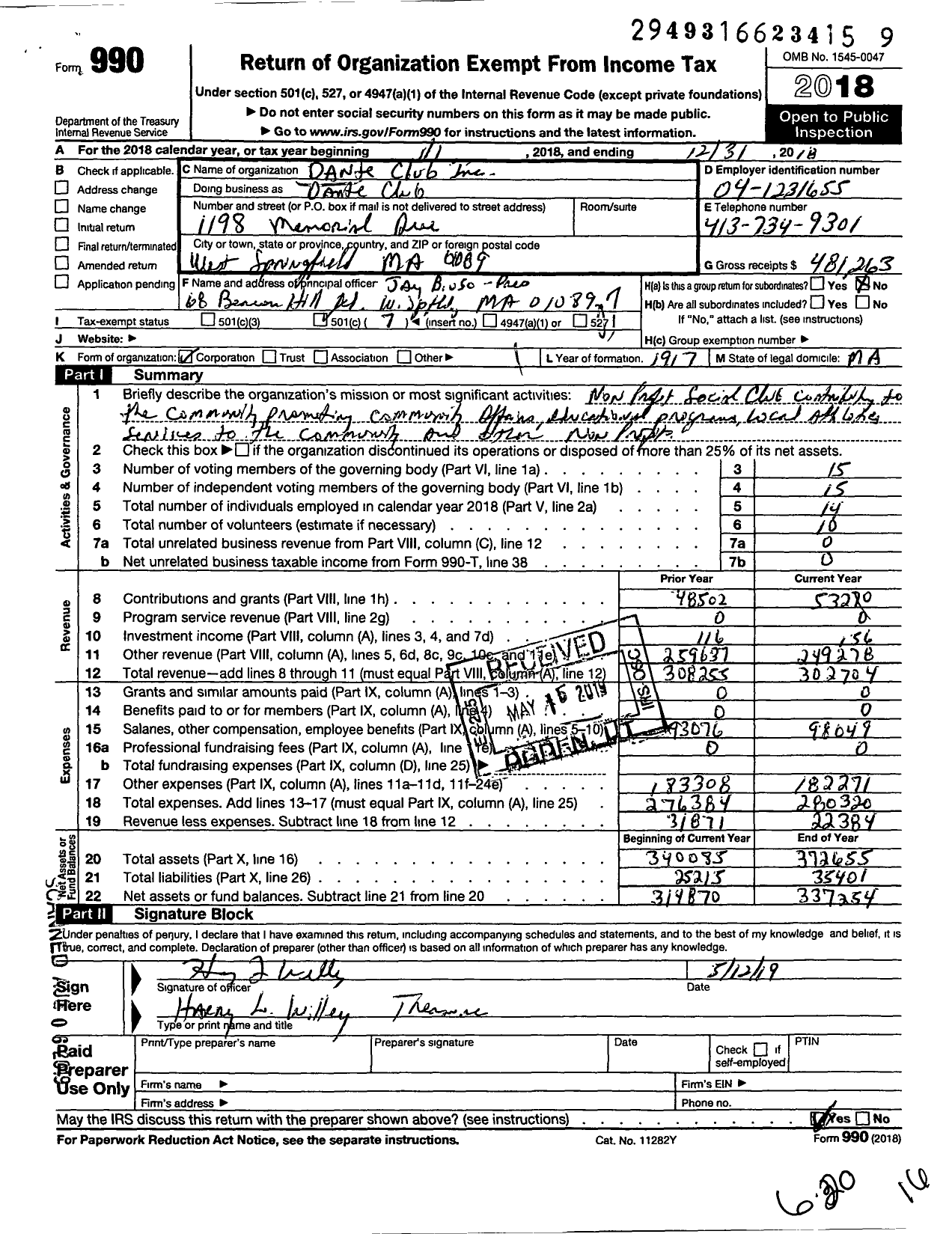 Image of first page of 2018 Form 990O for Dante Club