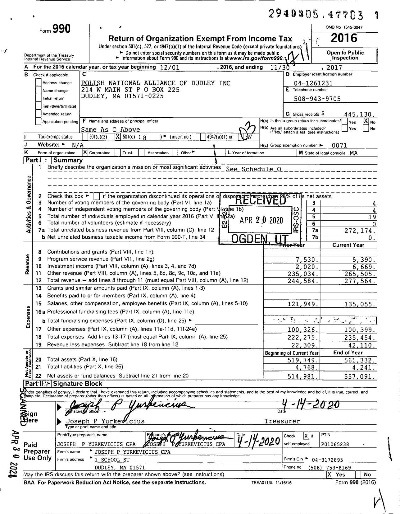 Image of first page of 2016 Form 990 for Polish National Alliance of Dudley