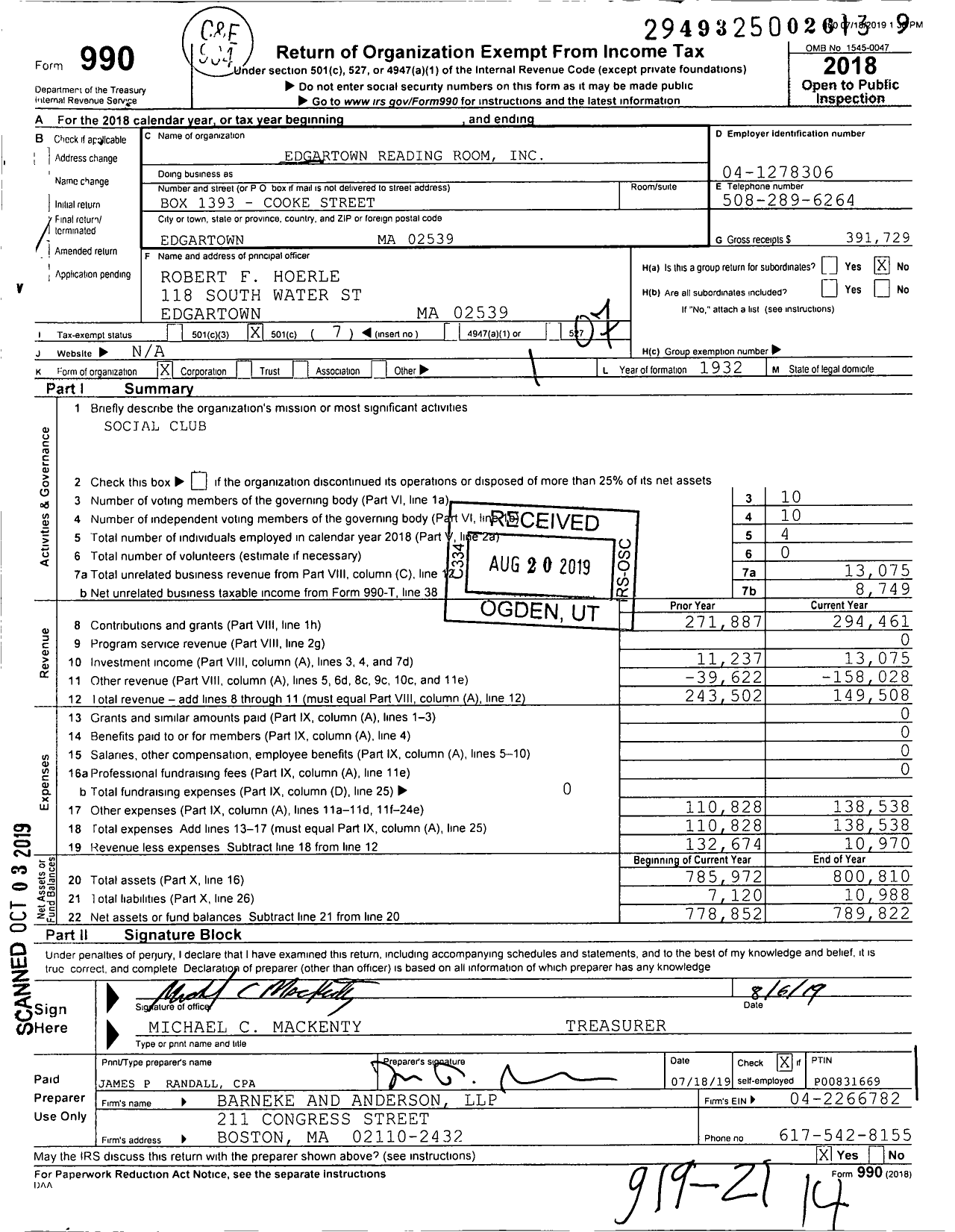 Image of first page of 2018 Form 990O for Edgartown Reading Room