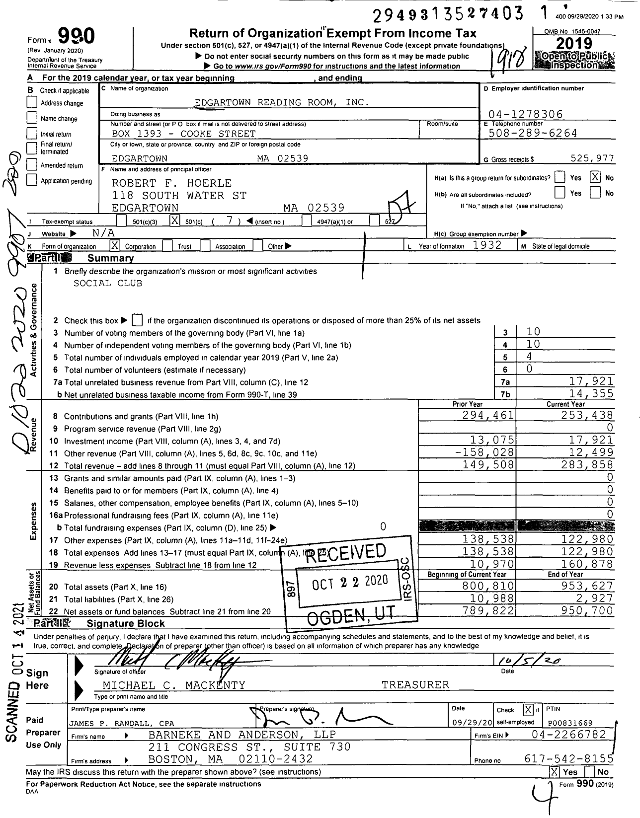 Image of first page of 2019 Form 990O for Edgartown Reading Room