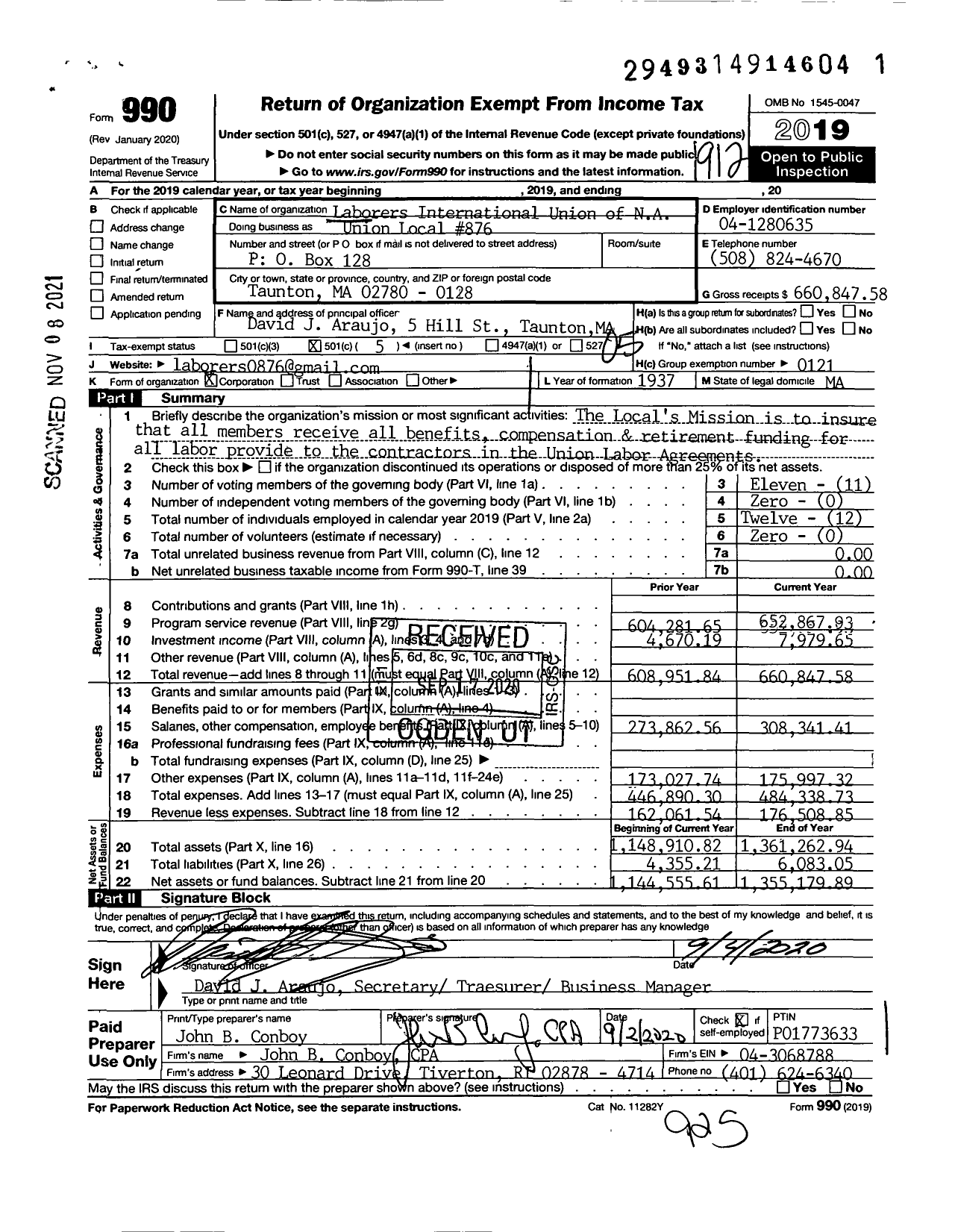 Image of first page of 2019 Form 990O for Laborers' INTERNATIONAL Union OF NORTH AMERICA - 876 Local Union