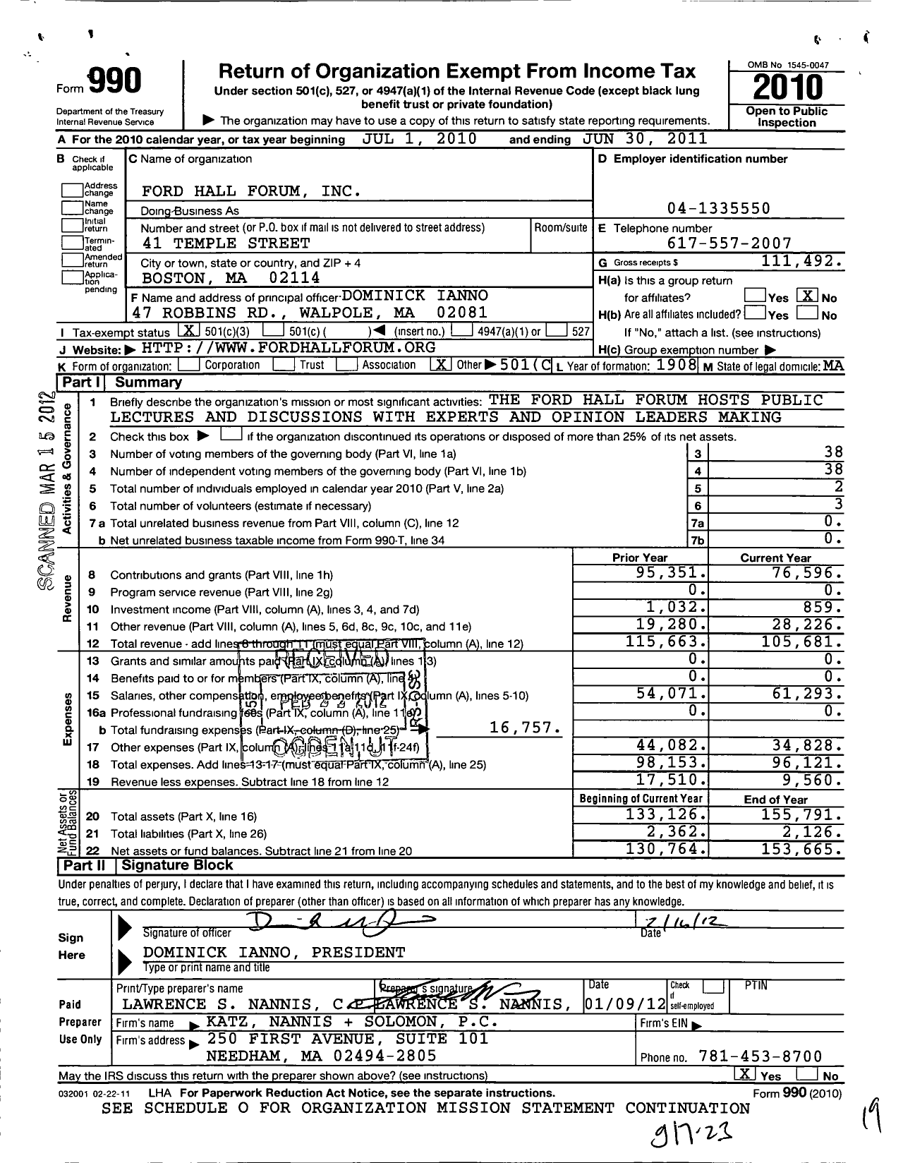 Image of first page of 2010 Form 990 for Ford Hall Forum