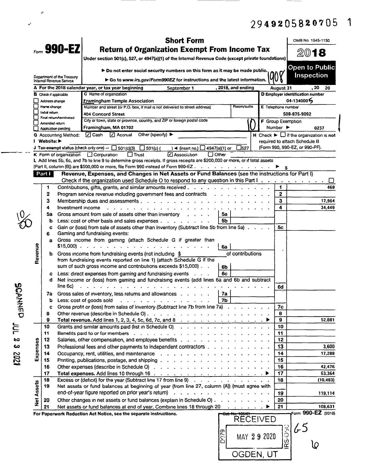 Image of first page of 2018 Form 990EO for Massachusetts Freemasons - The Framinghm Masonic Building Association