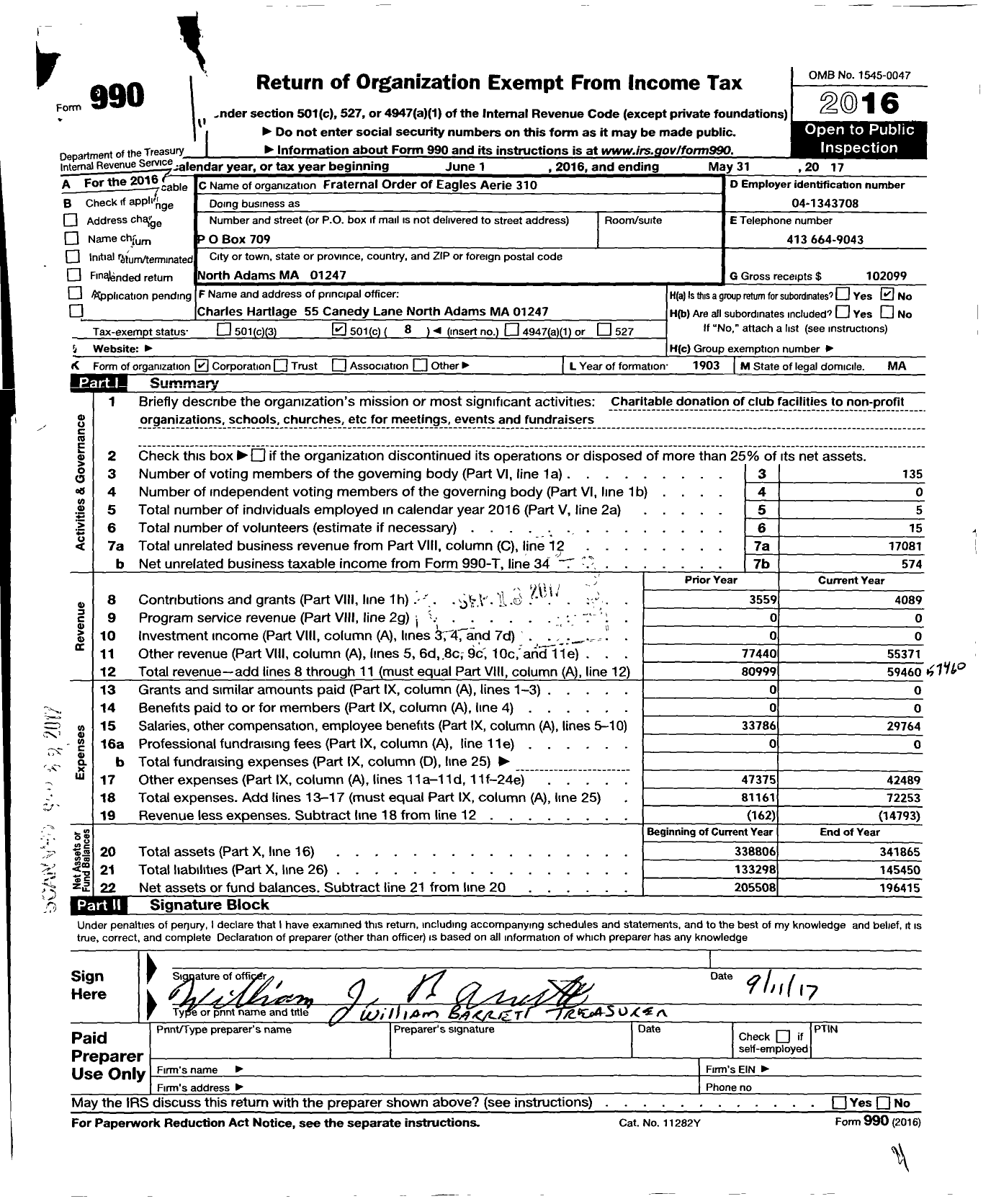 Image of first page of 2016 Form 990O for Fraternal Order of Eagles - 310 Aerie