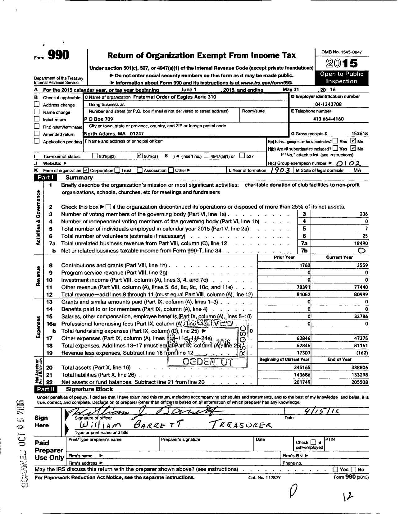 Image of first page of 2015 Form 990O for Fraternal Order of Eagles - 310 Aerie