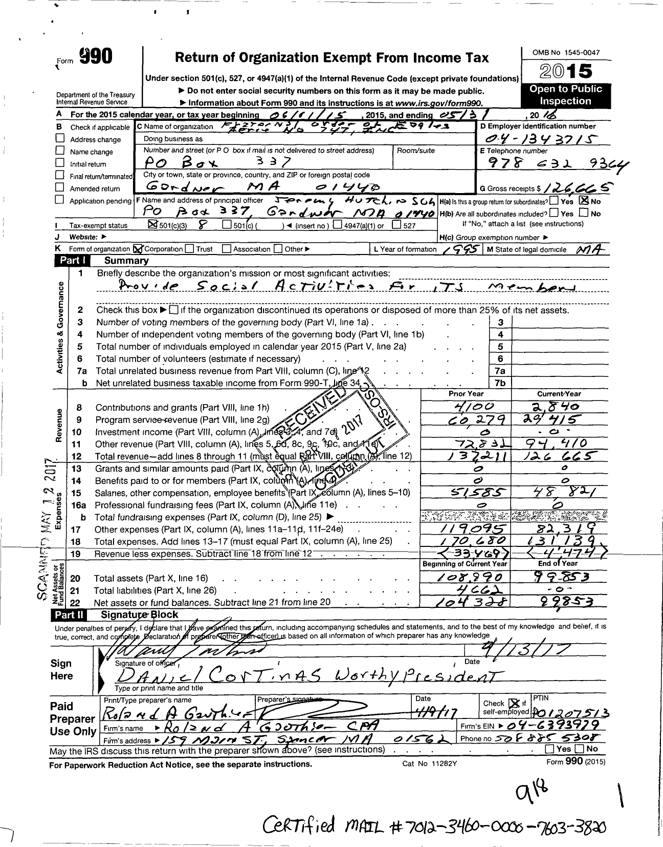 Image of first page of 2015 Form 990 for Fraternal Order of Eagles - 747 Hillcrest Aerie