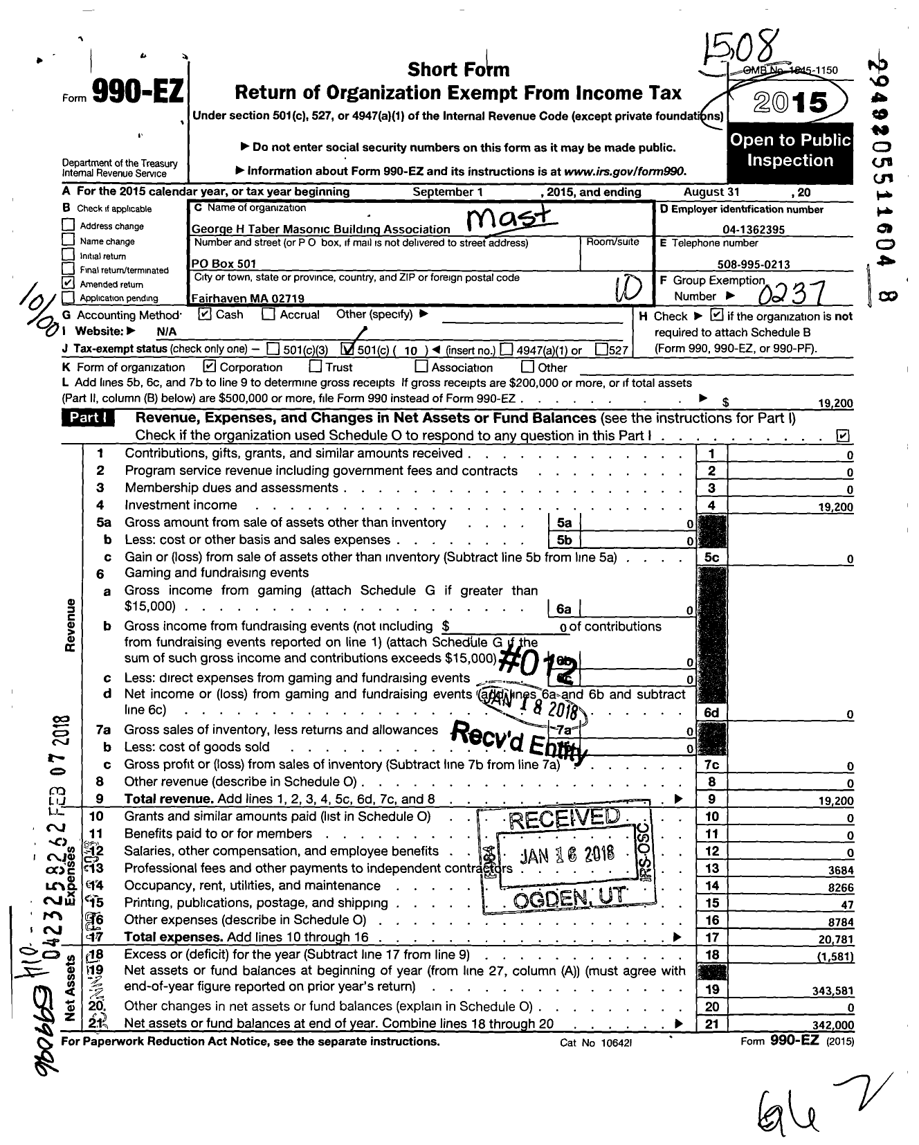 Image of first page of 2014 Form 990EO for Massachusetts Freemasons - George H Taber Lodge