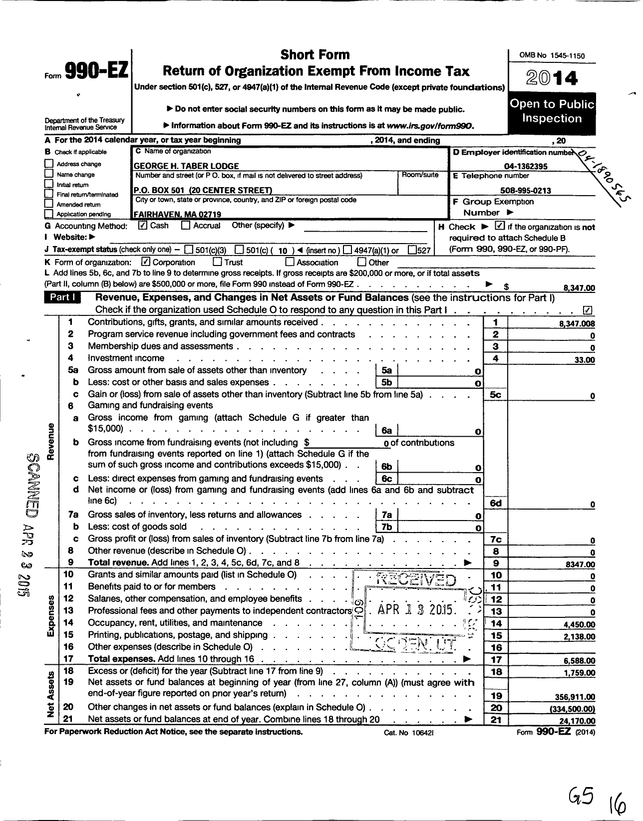 Image of first page of 2014 Form 990EO for Massachusetts Freemasons - George H Taber Lodge