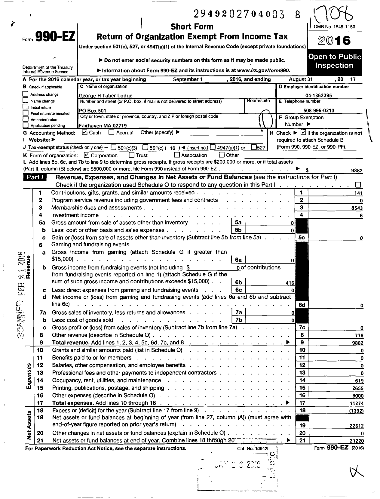 Image of first page of 2016 Form 990EO for Massachusetts Freemasons - George H Taber Lodge