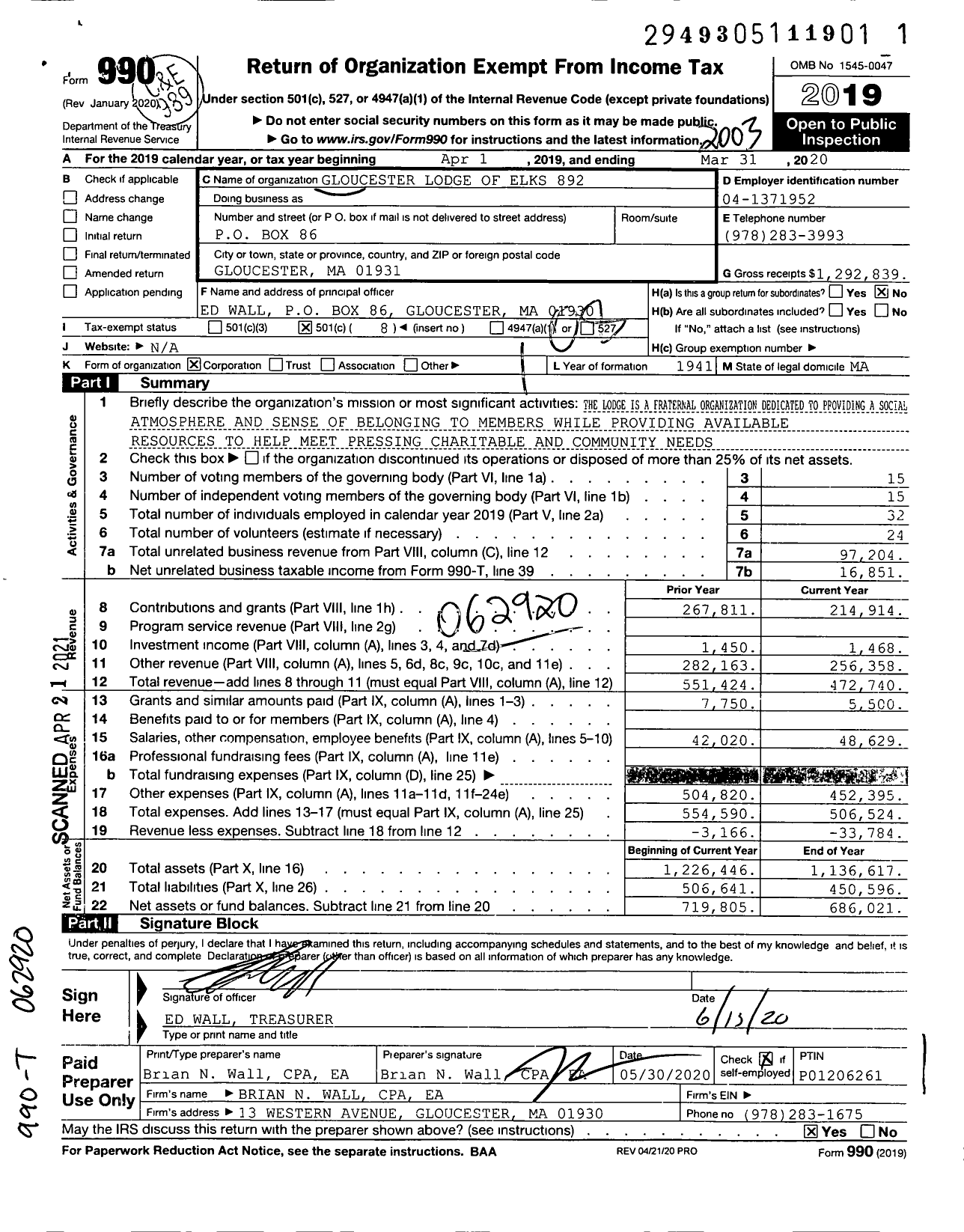 Image of first page of 2019 Form 990O for Benevolent and Protective Order of Elks - 892 Gloucester