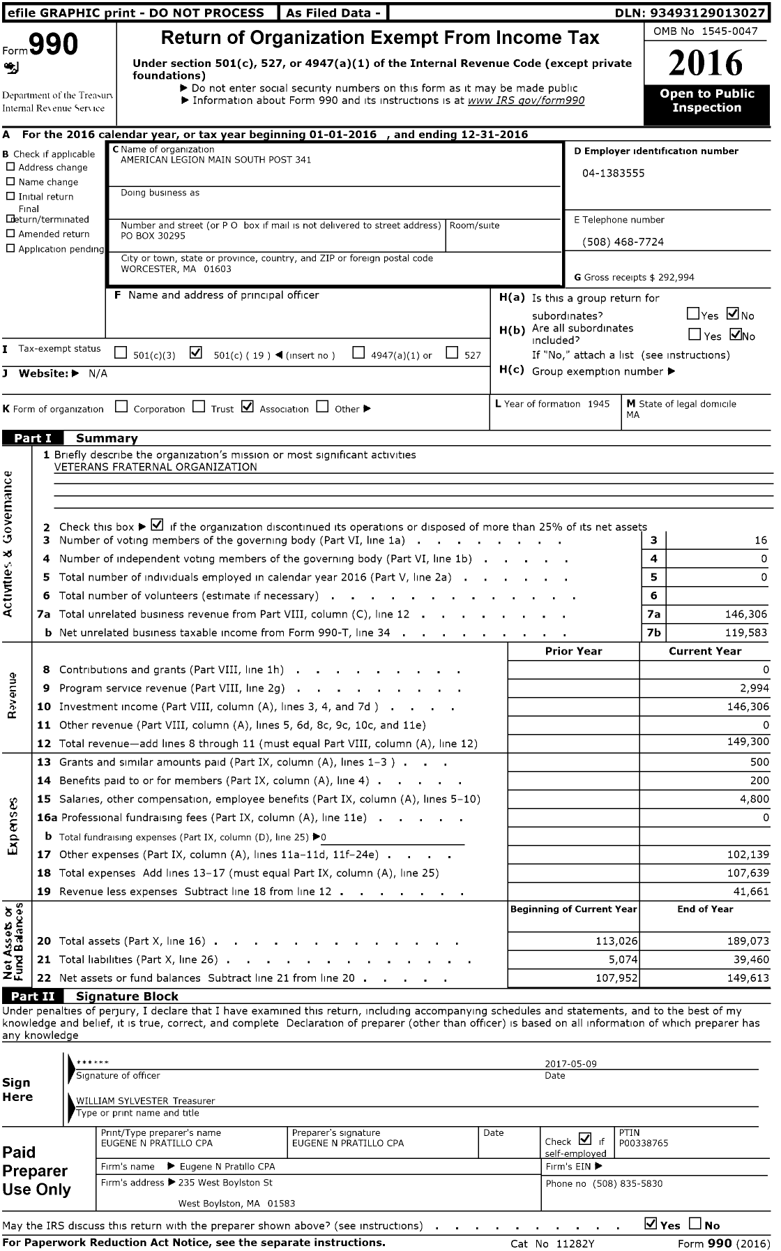 Image of first page of 2016 Form 990O for American Legion - 0341 Main South