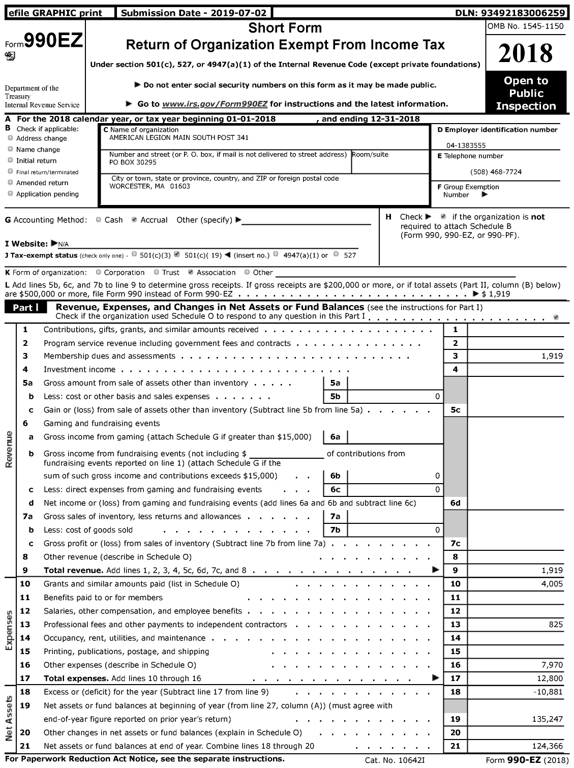 Image of first page of 2018 Form 990EZ for American Legion - 0341 Main South