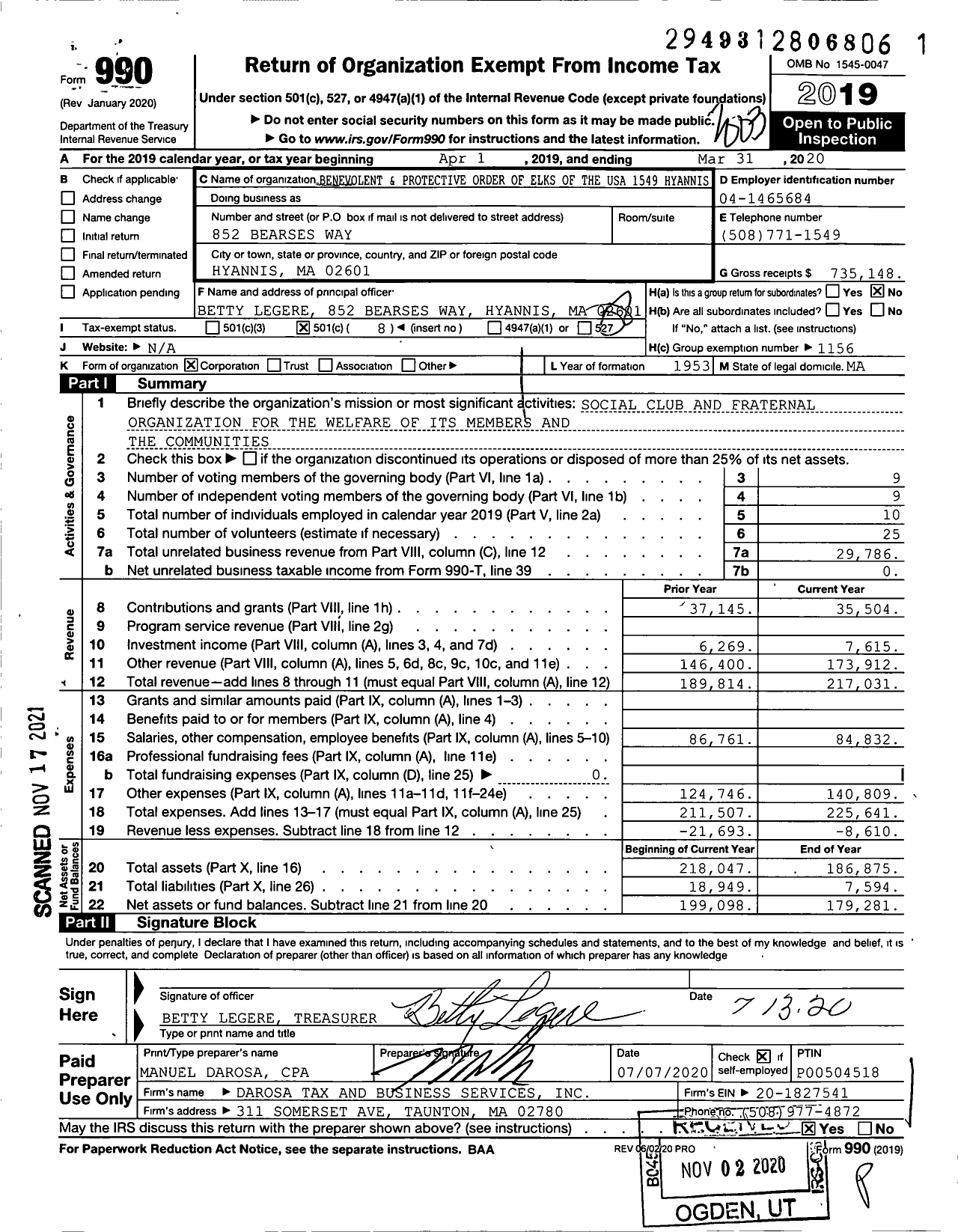 Image of first page of 2019 Form 990O for Benevolent and Protective Order of Elks - 1549 Hyannis