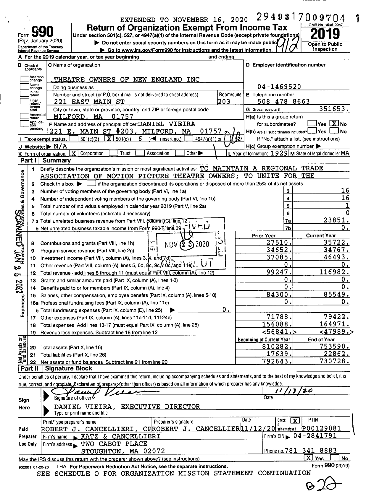 Image of first page of 2019 Form 990O for Theatre Owners of New England