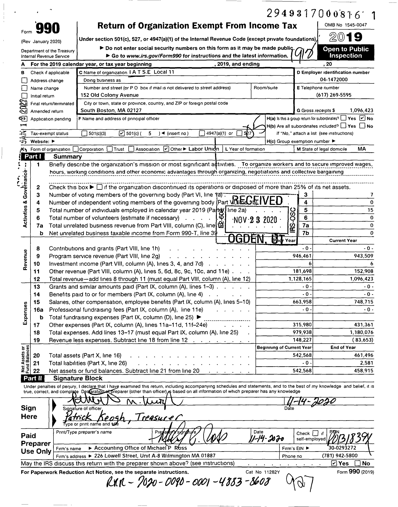 Image of first page of 2019 Form 990O for International Alliance of Theatrical Stage Employees - 11 Local